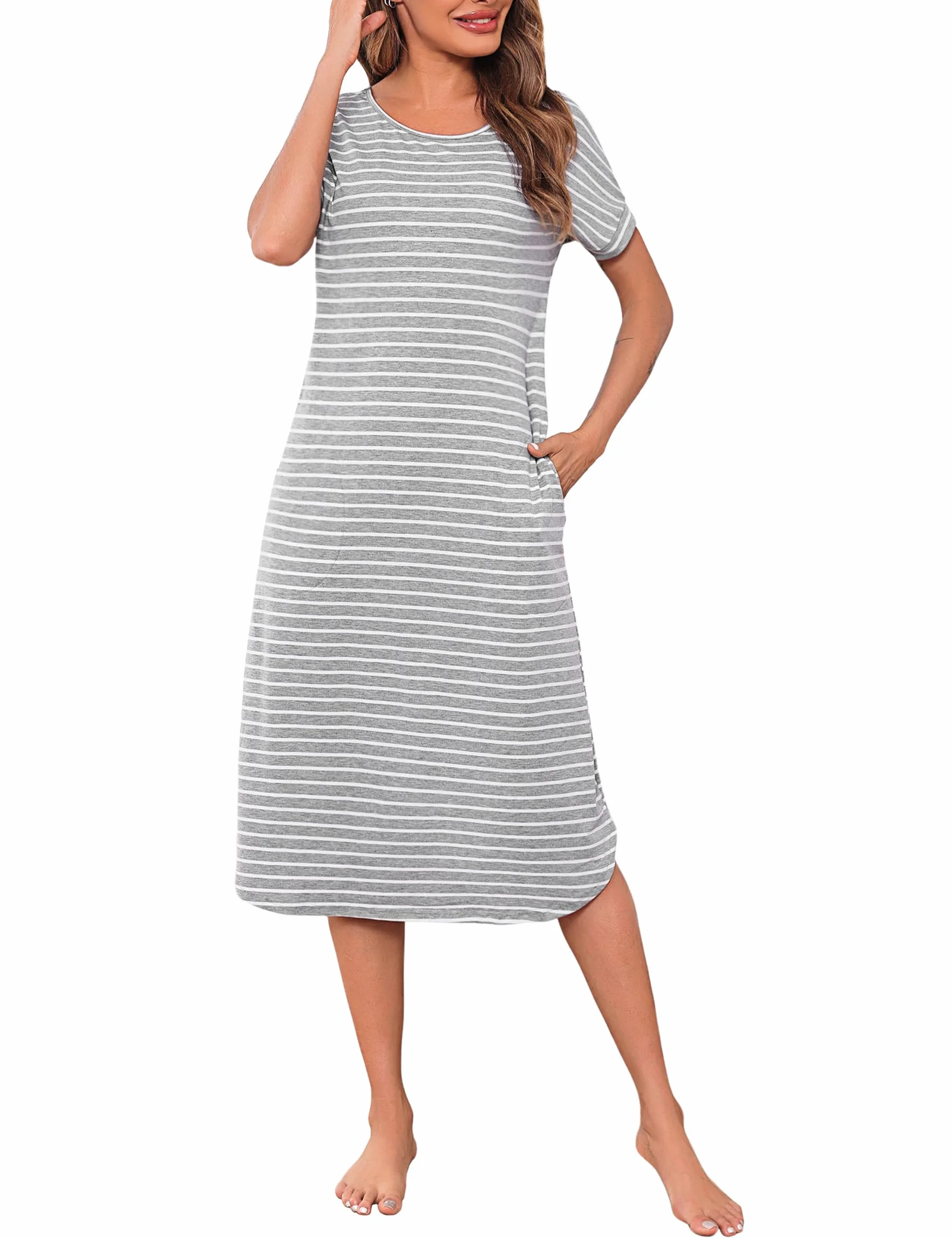Litherday Damska koszula nocna długa bawełniana letnia z kieszeniami koszulka do spania w paski z krótkim rękawem miękka wygodna i chłodna do domu i spania plus size S-XXL