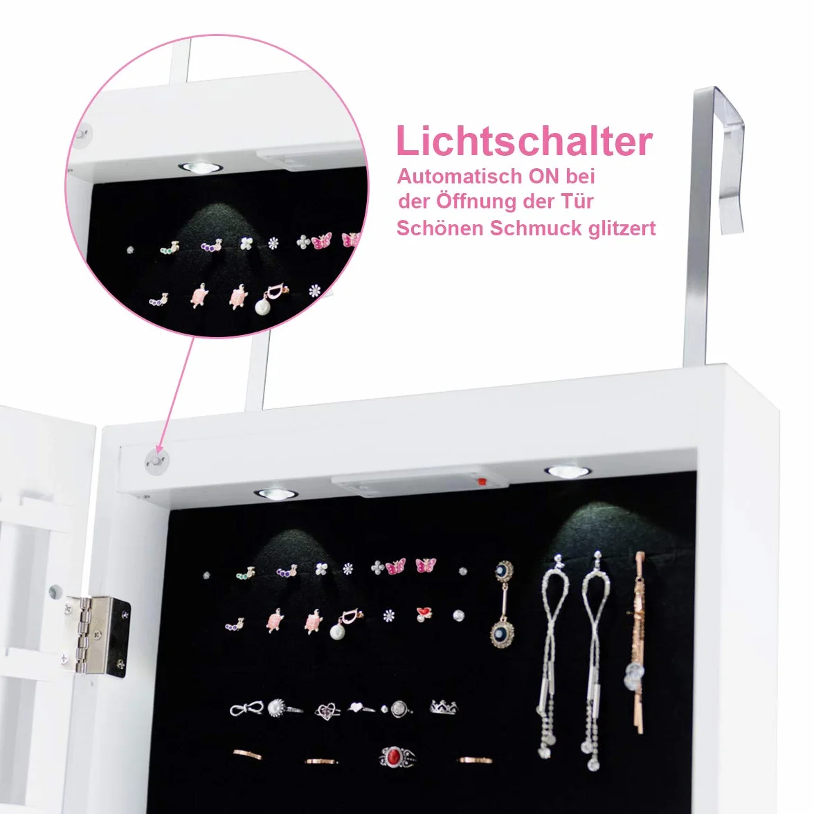 COSTWAY Szafka na biżuterię z oświetleniem LED, lustro, zamykana na klucz, 120 cm, biała