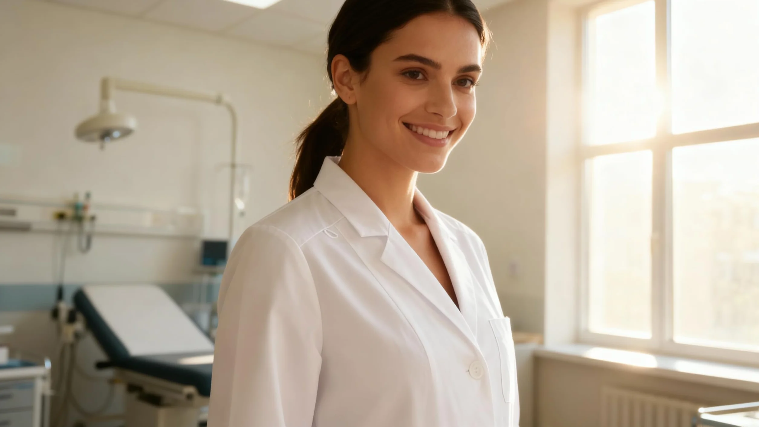B-well Livia damski fartuch lekarski, krótki, biały – medyczny fartuch laboratoryjny z kołnierzem, długi rękaw, 3 kieszenie, listwa guzikowa – pielęgnacja i odzież robocza