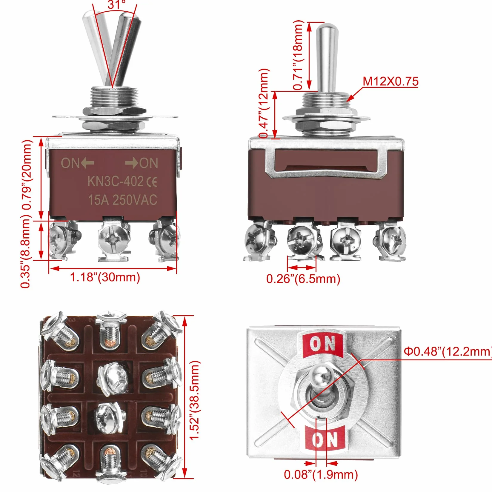 Heschen KN3C-402 metalowy przełącznik dźwigniowy, dwubiegunowy podwójny przełącznik przełączający (4PDT), ON/ON 2 pozycje, 15 A 250 V AC, 10 A 380 VAC, CE, z wodoszczelną pokrywą