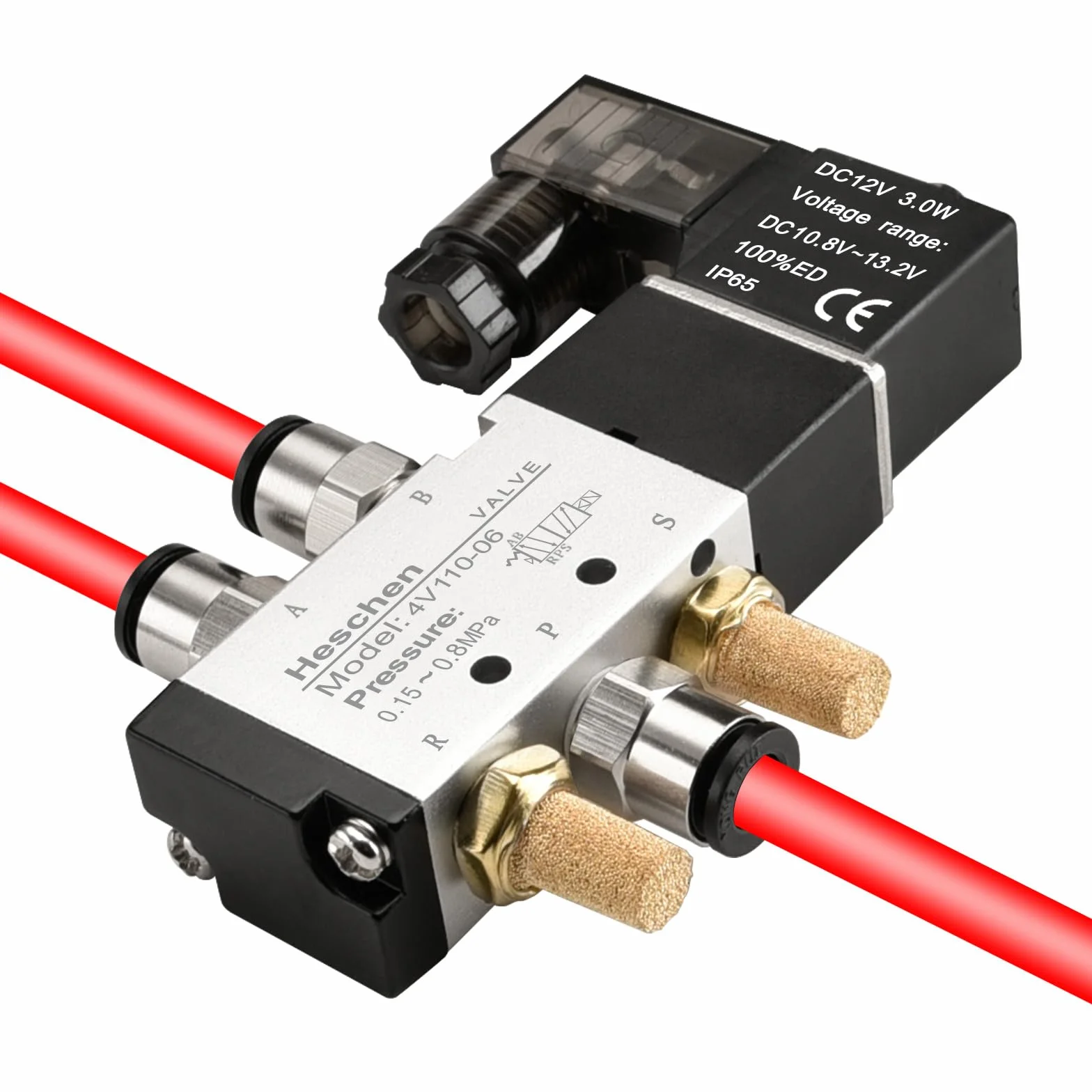 Heschen Elektryczny pneumatyczny zawór elektromagnetyczny 4V110-06 24VDC PT1/8 5-drożny 2-pozycyjny pojedynczy cewka sterowany pilotem elektryczny CE ze złączkami i tłumikiem (24 V DC)