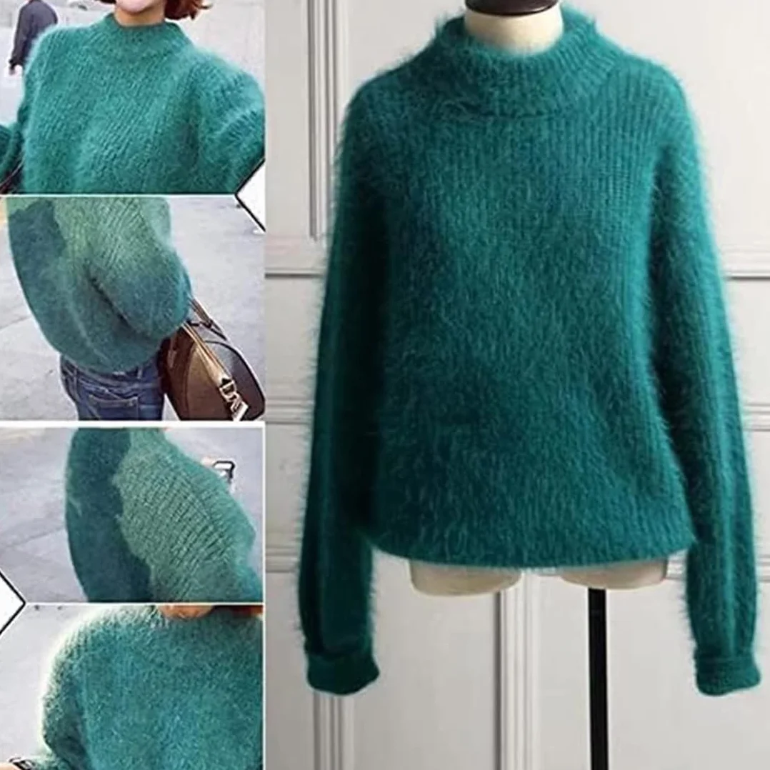 Damski zimowy sweter z mieszanki kaszmiru angora, luźny ciepły sweter, jednolity kolor, okrągły dekolt, dzianinowy pulower, puszysty sweter