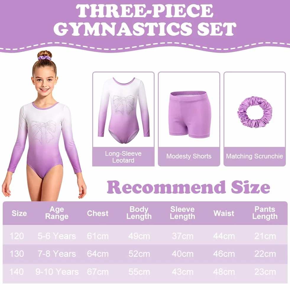 Aolso Body gimnastyczne dla dzieci, strój do tańca dla dziewczynek, składający się z trzech części, body z długim rękawem, szortów i opaski na głowę, z gradientowym kolorem, od 5 do 10 lat