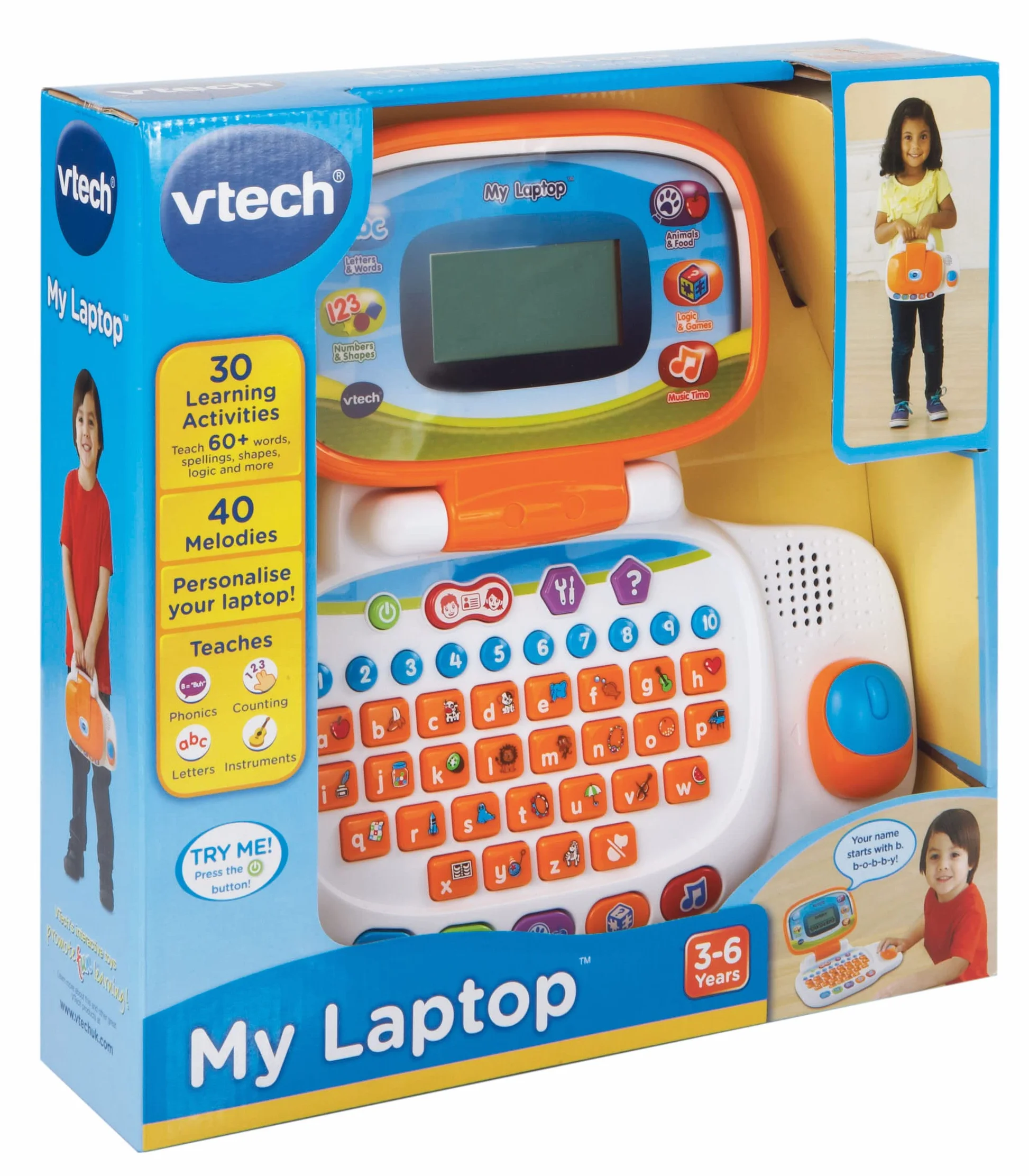 VTech 155403 Przedszkole laptop interaktywny edukacyjna zabawka komputerowa dla dzieci z 30 aktywnościami odpowiednia dla dzieci 3, 4, 5+ lat chłopców i dziewcząt, biały/pomarańczowy