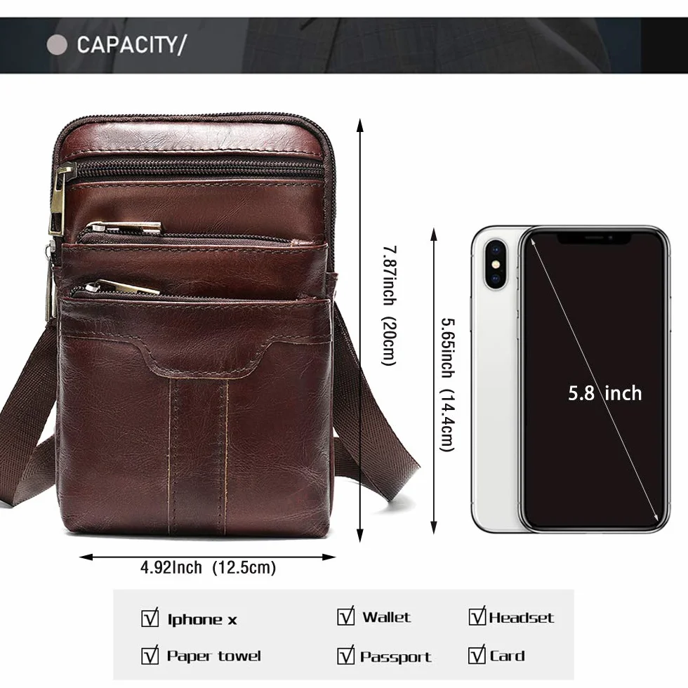 Torba na ramię z prawdziwej skóry na telefon komórkowy dla mężczyzn saszetka na talię portfel crossbody podróż biznesowa torba kurierska