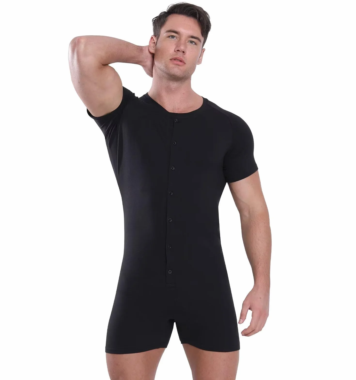 Landofgenie Mężczyźni Onesie Krótki Rękaw Bodysuit One Piece Pidżama Rompers Dolna Koszula Krocza