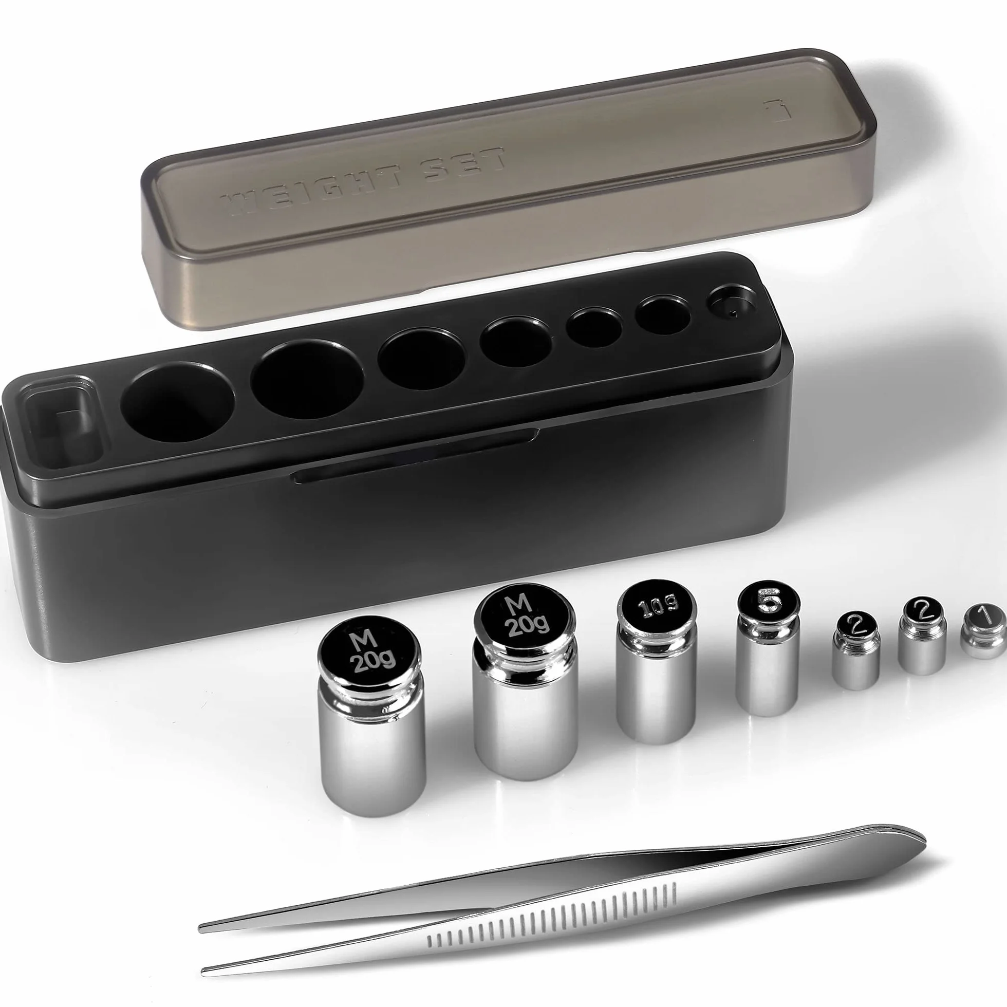 UNIWEIGH Zestaw odważników kalibracyjnych, 7 szt. 1-60 g zestaw odważników do kalibracji, mała waga testowa do wagi cyfrowej, zawiera: 1 g x 1, 2 g x 2, 5 g x 1, 10 g x 1, 20 g x 2, 1 pęseta