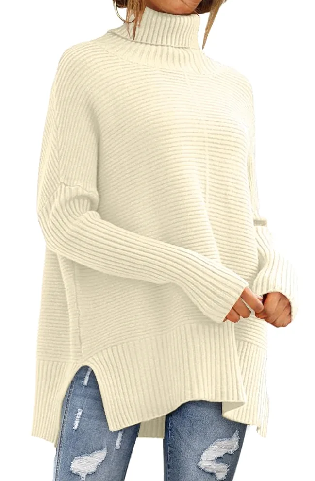 EFAN Women's Turtleneck Oversized Sweaters Fall Outfits Clothes Trendy Long Pullover Knit Winter Tunic 2025 Apricot S