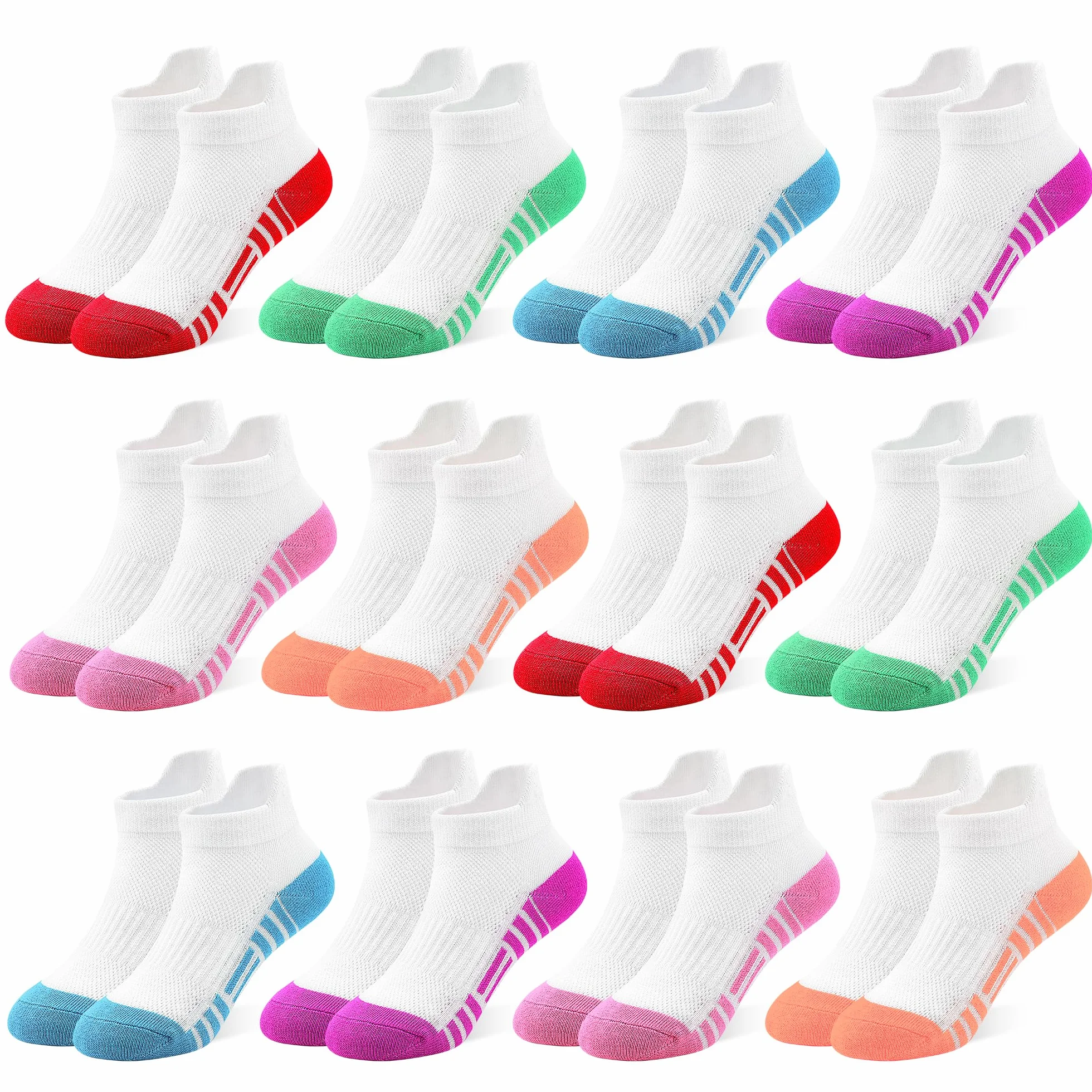 GENTABY Dziewczęce skarpety do sneakersów, dla dzieci, kolorowe skarpety sportowe, do szkoły, 12 par, klasyczne kolory, czarno-białe, oddychające, bawełniane skarpety dla dzieci w wieku 1-14 lat, 20