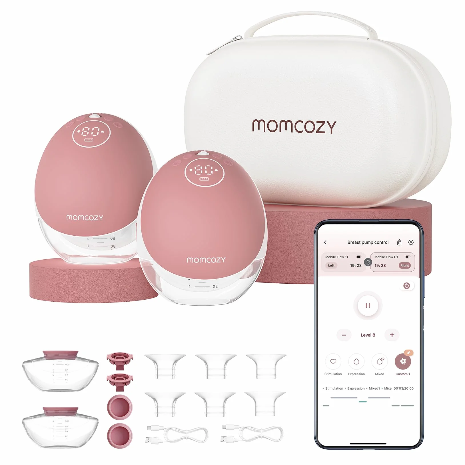 Momcozy Elektryczna Laktator Bezrękawnik Przenośny, Mobile Flow | M9 Ulepszony, Sterowanie przez Aplikację z Trybami Personalizowanymi i 15 Poziomami, Podwójne Uszczelnienie 24 mm (2, Czerwony)