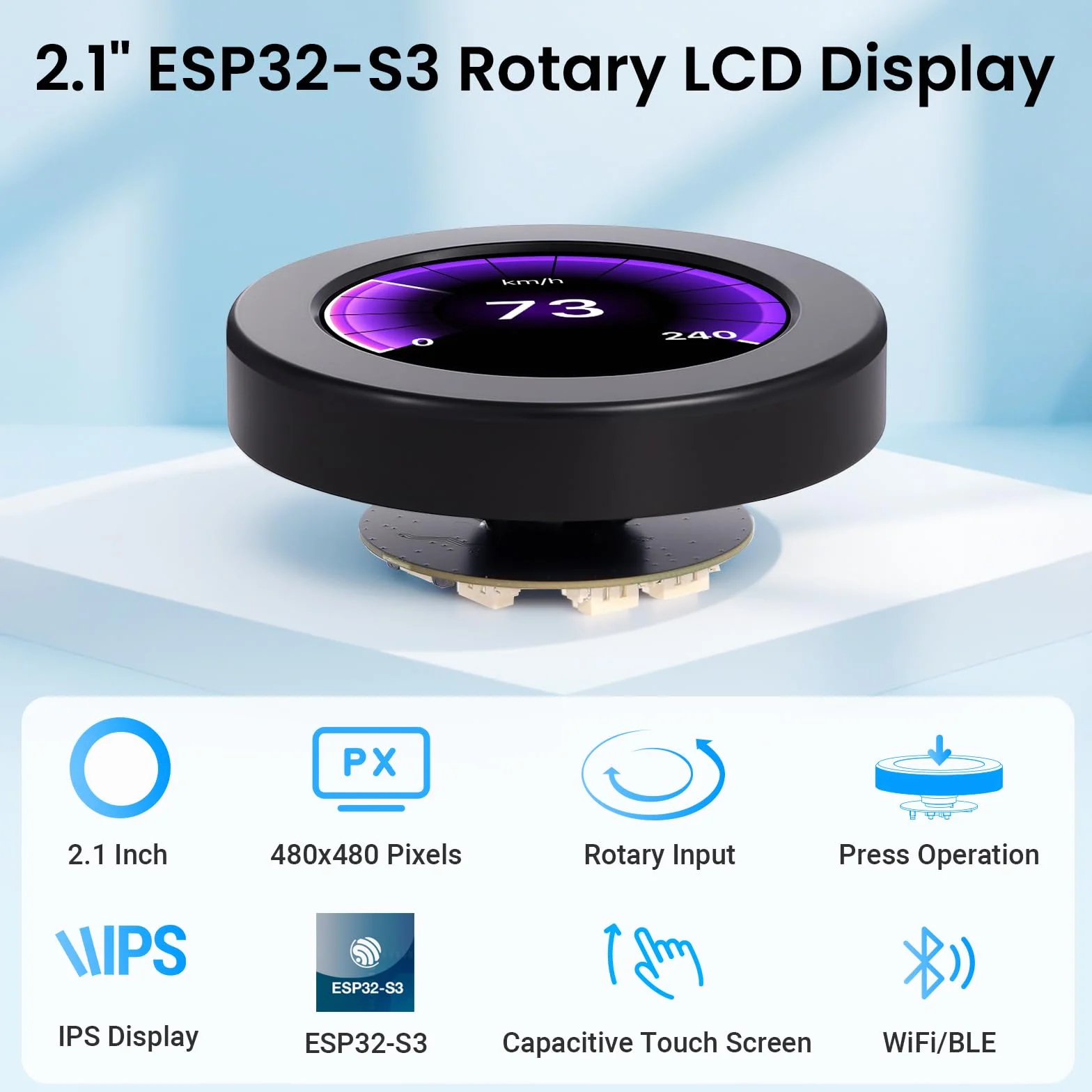 ELECROW ESP32 Obrotowy wyświetlacz 480 x 480-2,1 cala, okrągła gałka HMI IPS, płytka rozwojowa, 2,4 G WiFi i pojemnościowy ekran dotykowy BLE, kompatybilny z Arduino IDE i biblioteką LVGL, czarny