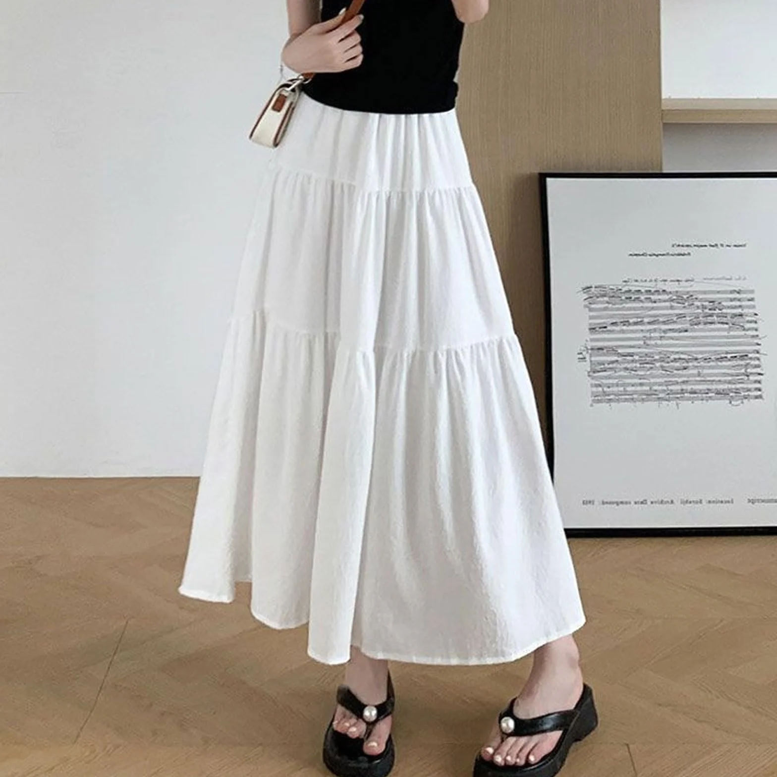 GWAWG Eleganckie spódnice maxi dla kobiet UK, elastyczne damskie długie spódnice z wysokim stanem elegancka spódnica plażowa o linii A, letnia wielowarstwowa spódnica maxi w stylu vintage