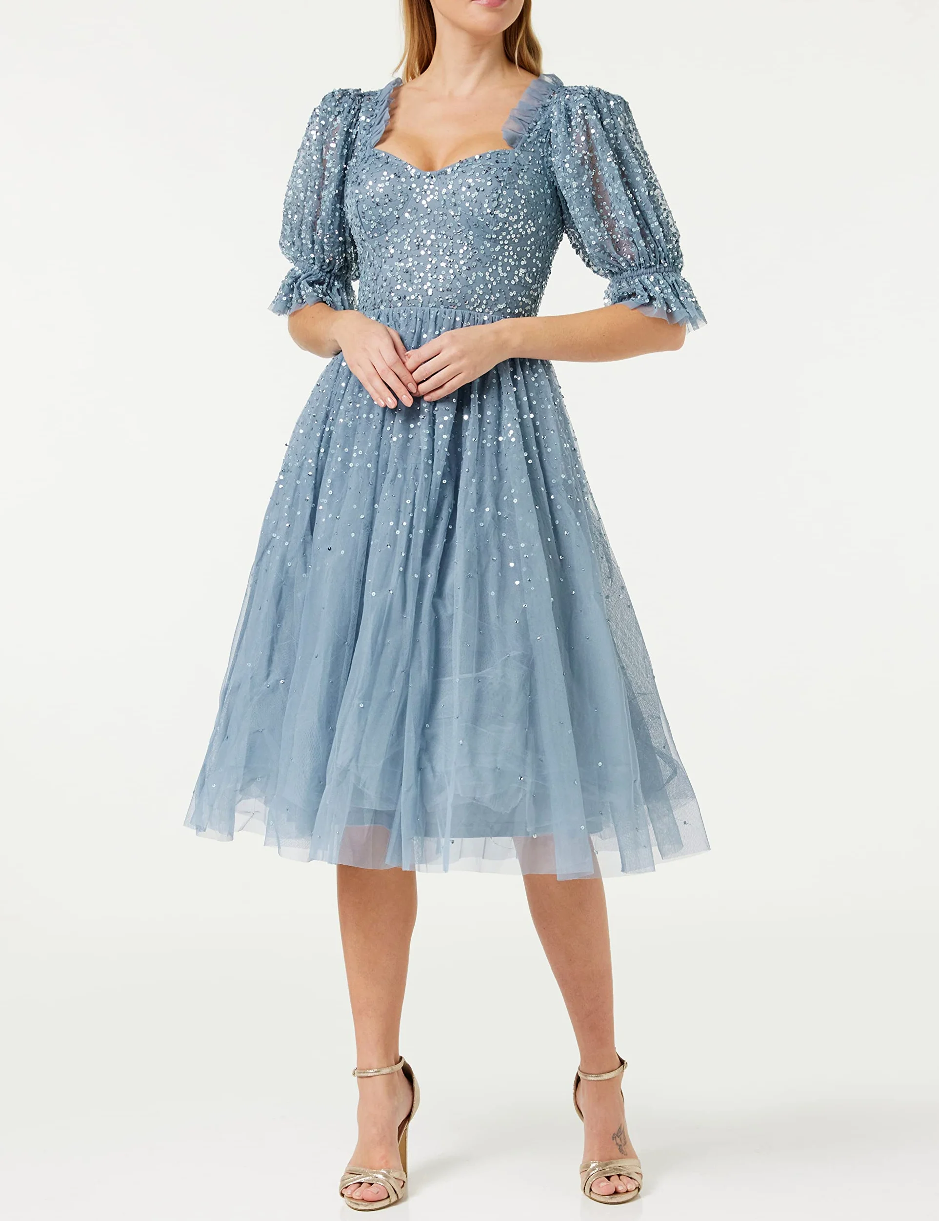 Maya Deluxe Sukienka damska Midi Sequin Emmbellished Frilly Sweetheart Neckline Puffed Sleeves for Wedding Guest Prom Evening sukienka damska, Dusty Blue, 20