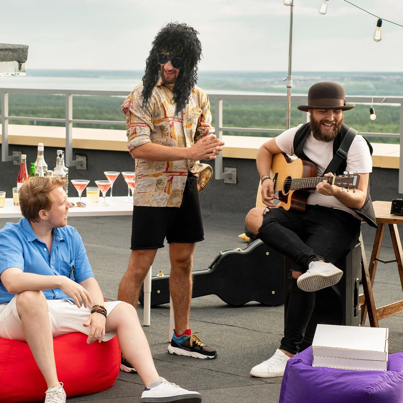 Zestaw Peruki Rock Lata 80-te Męskie Hippie Kręcone na Halloween Karnawał z Okularami Przeciwsłonecznymi 2 Sztuki
