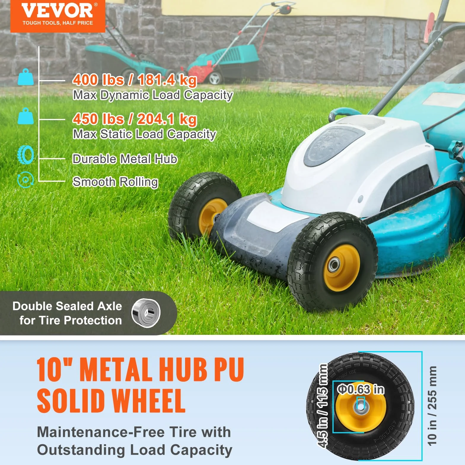 VEVOR Pełne koła PU z oponami RunFlat, 2 sztuki, obciążenie dynamiczne 10 kg, obciążenie statyczne 10 kg, bezdętkowe opony i koła do wózków transportowych, wózków użytkowych, wózków, przyczep