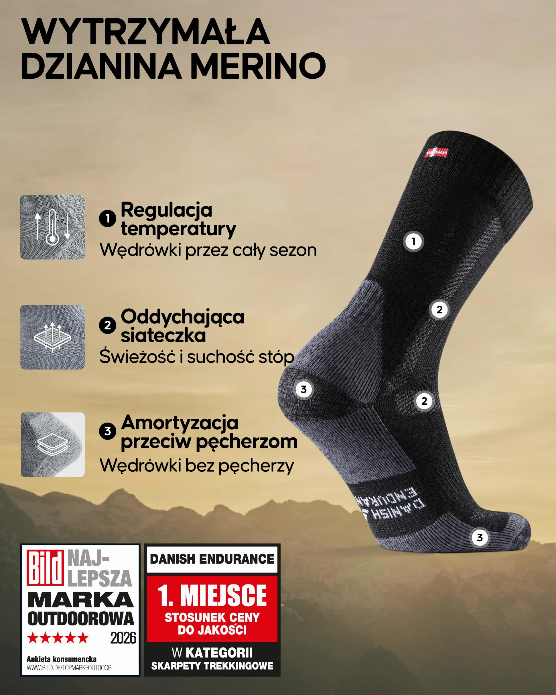 DANISH ENDURANCE Skarpety Trekkingowe z Wełny Merino z Amortyzacją, Oddychające, Przeciw Pęcherzom, dla Mężczyzn i Kobiet, Unisex