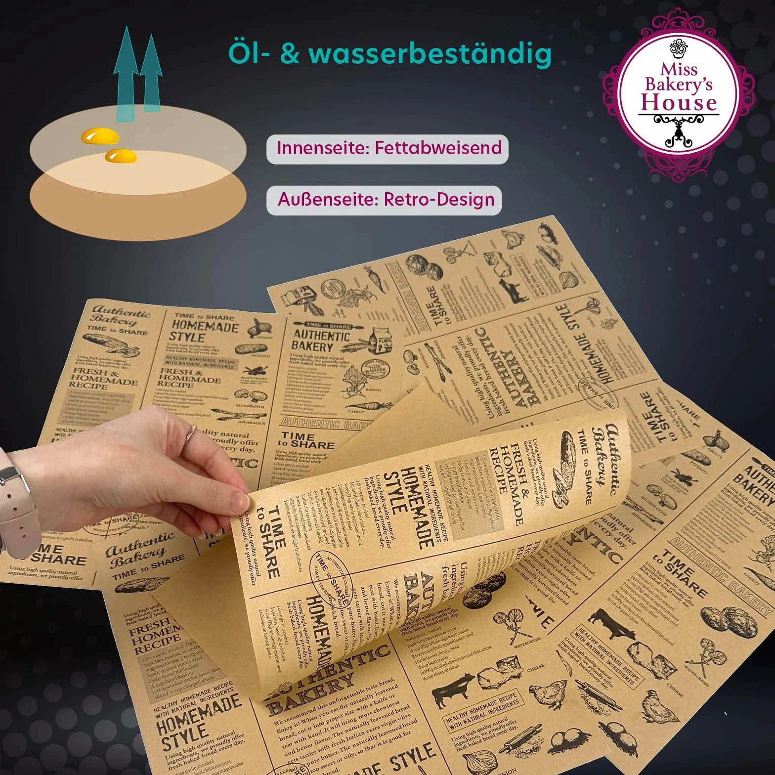Miss Bakery’s House® Papier do nawijania żywności - 25x25 cm - brązowy - 100 sztuk - arkusze papieru na lunch - torebki papierowe na pieczywo