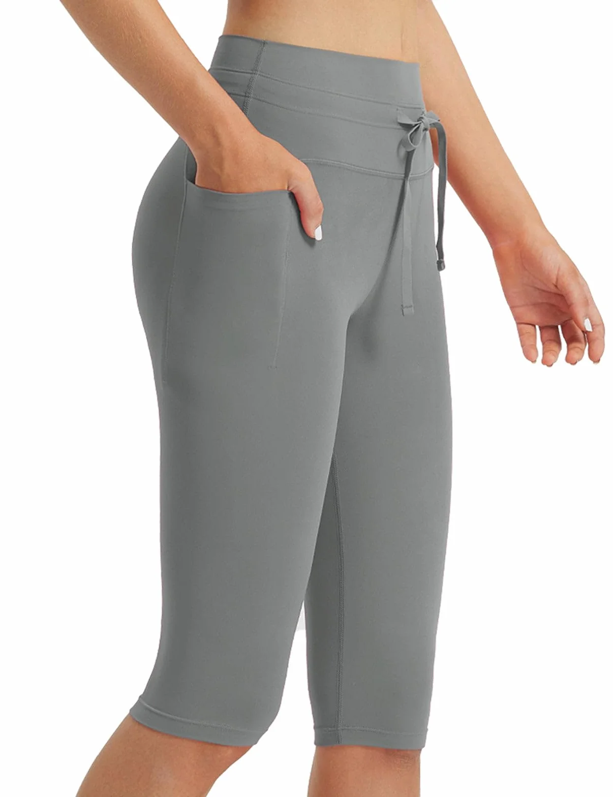 BALEAF Damskie legginsy Capri o długości do kolan, 35 cm, z kieszeniami, troczkami, szorty capri z wysokim stanem