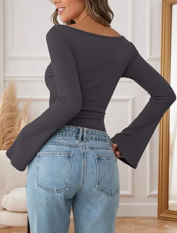 Elegancka damska koszulka z długim rękawem, dekolt w łódkę, z rękawami z dzwoneczkami, wąski top Y2K, basic, luźny sweter, slim fit, długi rękaw, jednokolorowa, z długim rękawem, na jesień