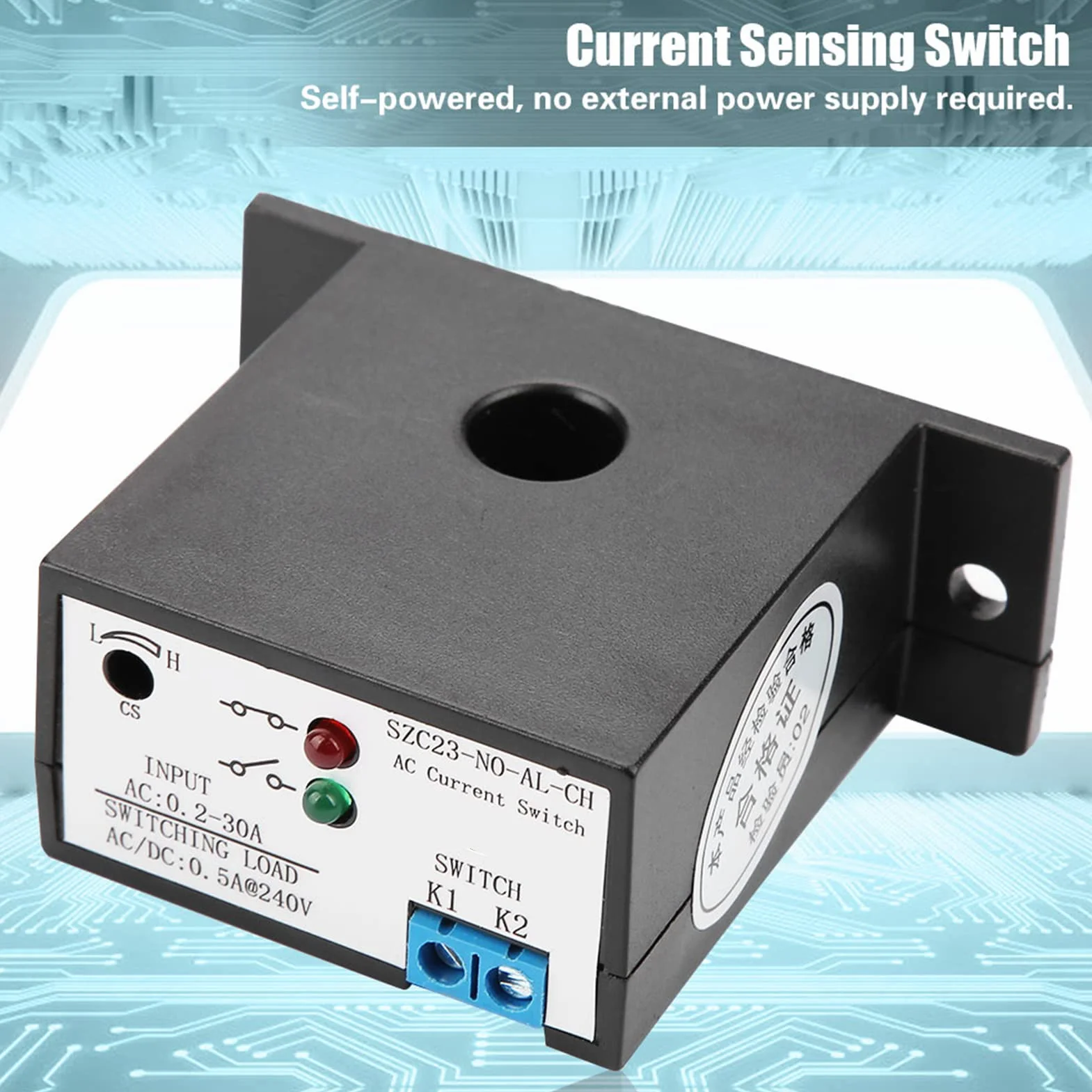 Current Sensing Switch, Normally Open Sensing Control Switch Adjustable AC 0.2-30A SZC23-NO-AL-CH IP30 Waterproof