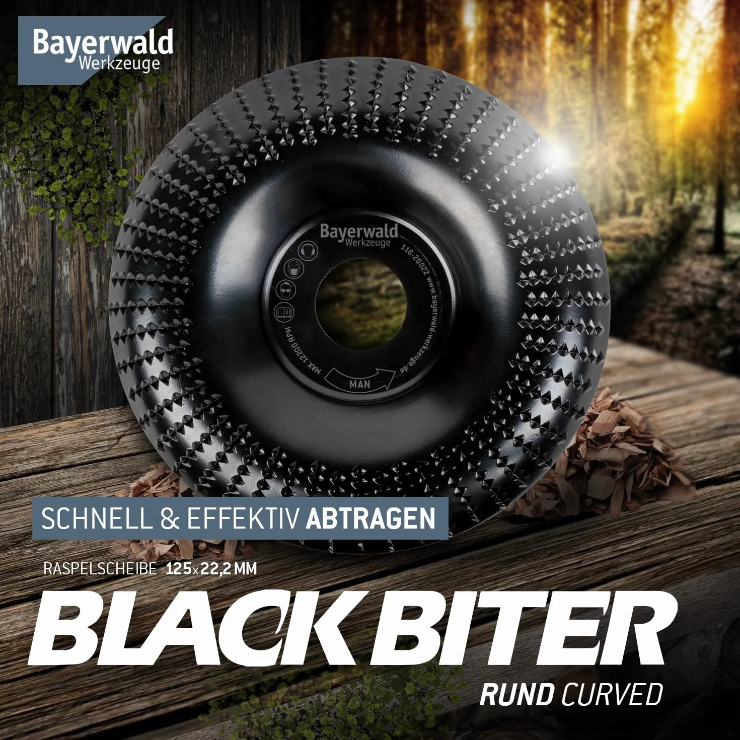 Bayerwald "Black Biter" zakrzywiona/okrągła – tarcza ścierna - Ø 125 mm x 22,2 mm | szybkie, grube szlifowanie drewna i materiałów drewnopochodnych | do szlifierek kątowych