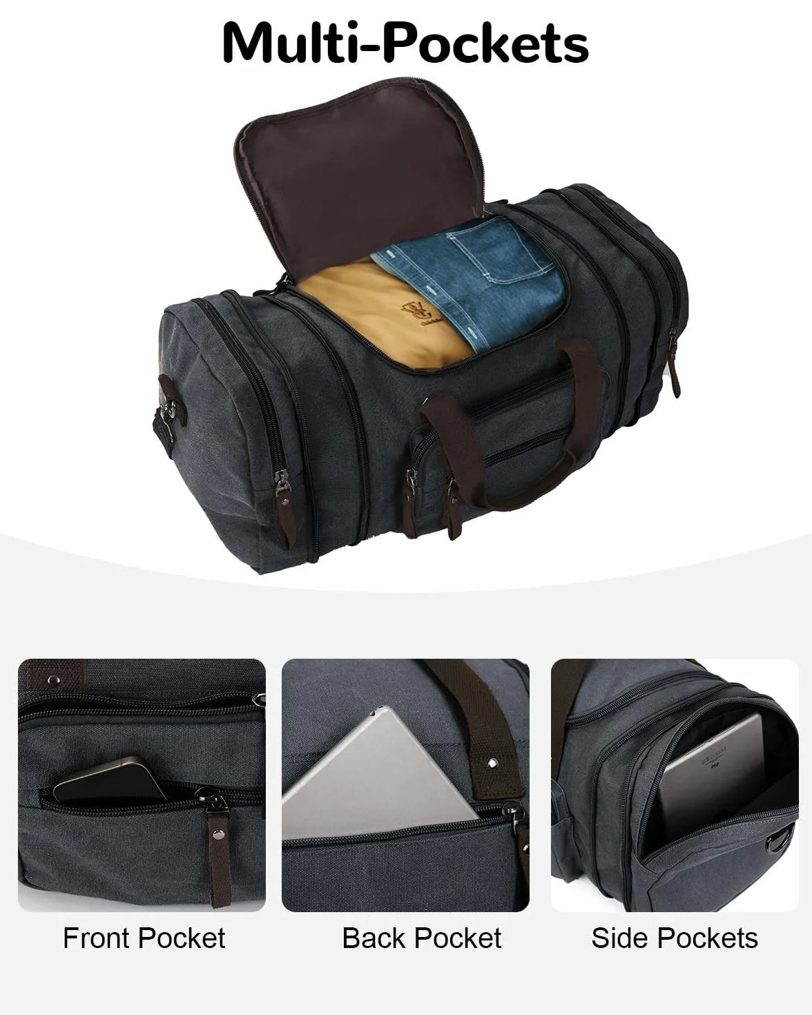 Vintage duża torba podróżna płócienna holdall na weekend, Czarny