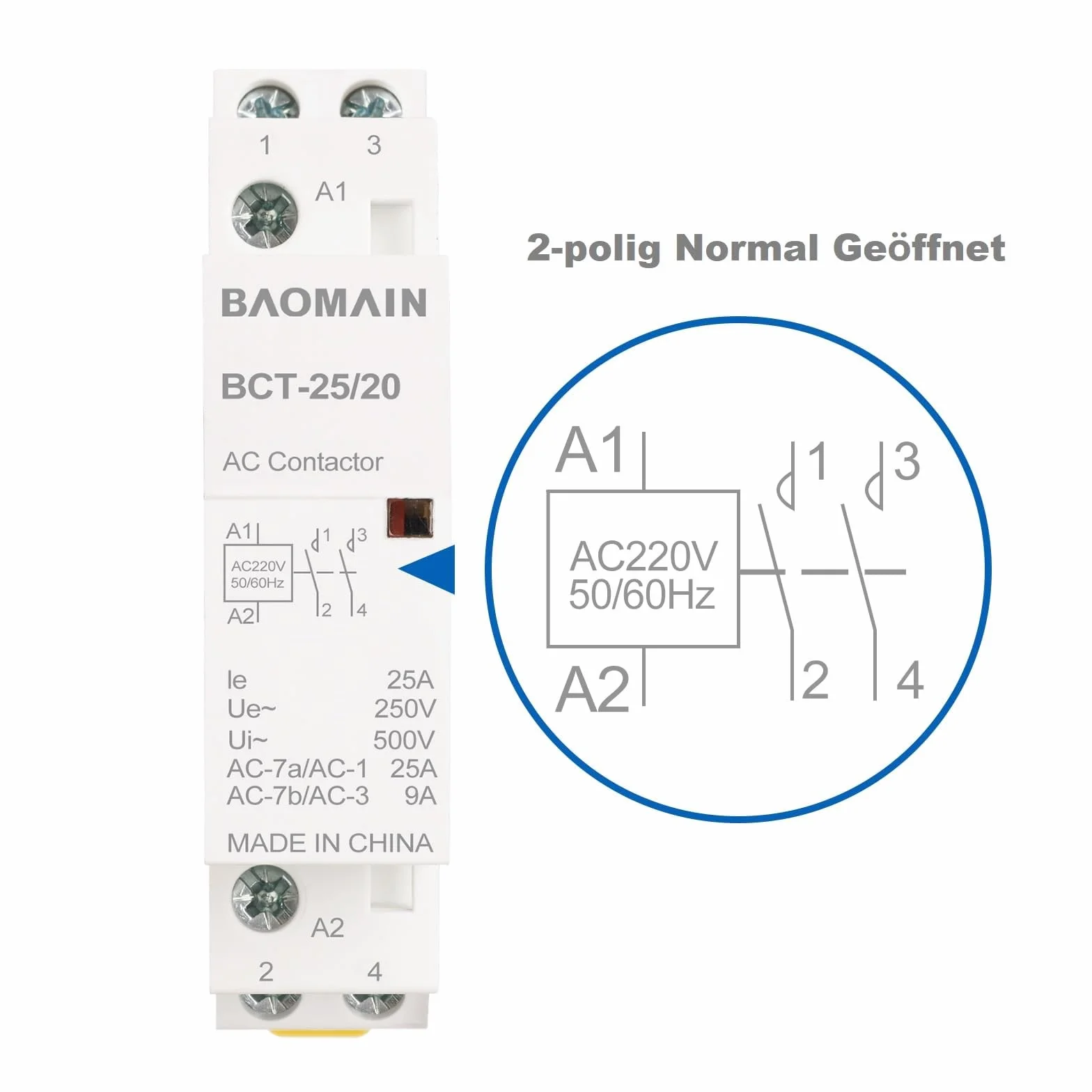BAOMAIN Stycznik AC, 2-biegunowy 2NO, 25 A, AC 220 V Napięcie cewki, 35 mm Montaż na szynie DIN, zatwierdzony VDE, BCT-25/20