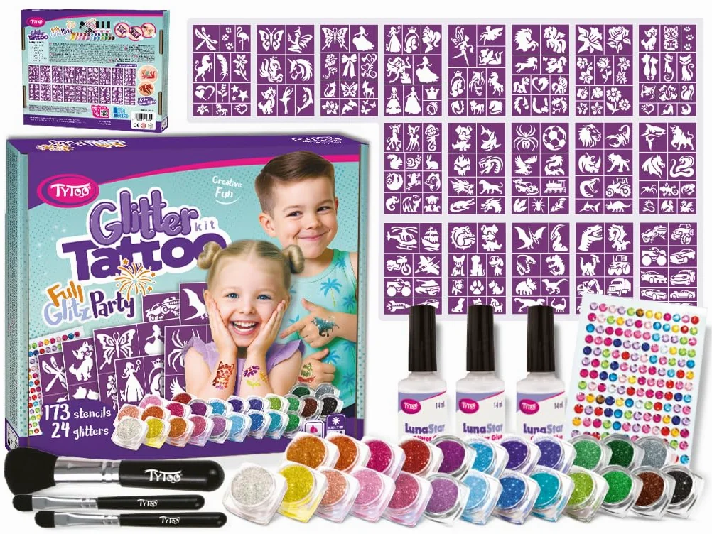 TyToo GlitzParty zestaw brokatowych tatuaży dla dzieci, szablony i kolory brokatu, przyjazny dla skóry, wodoodporny, testowany dermatologicznie, zestaw do makijażu na urodziny i imprezę rodzinną (Full