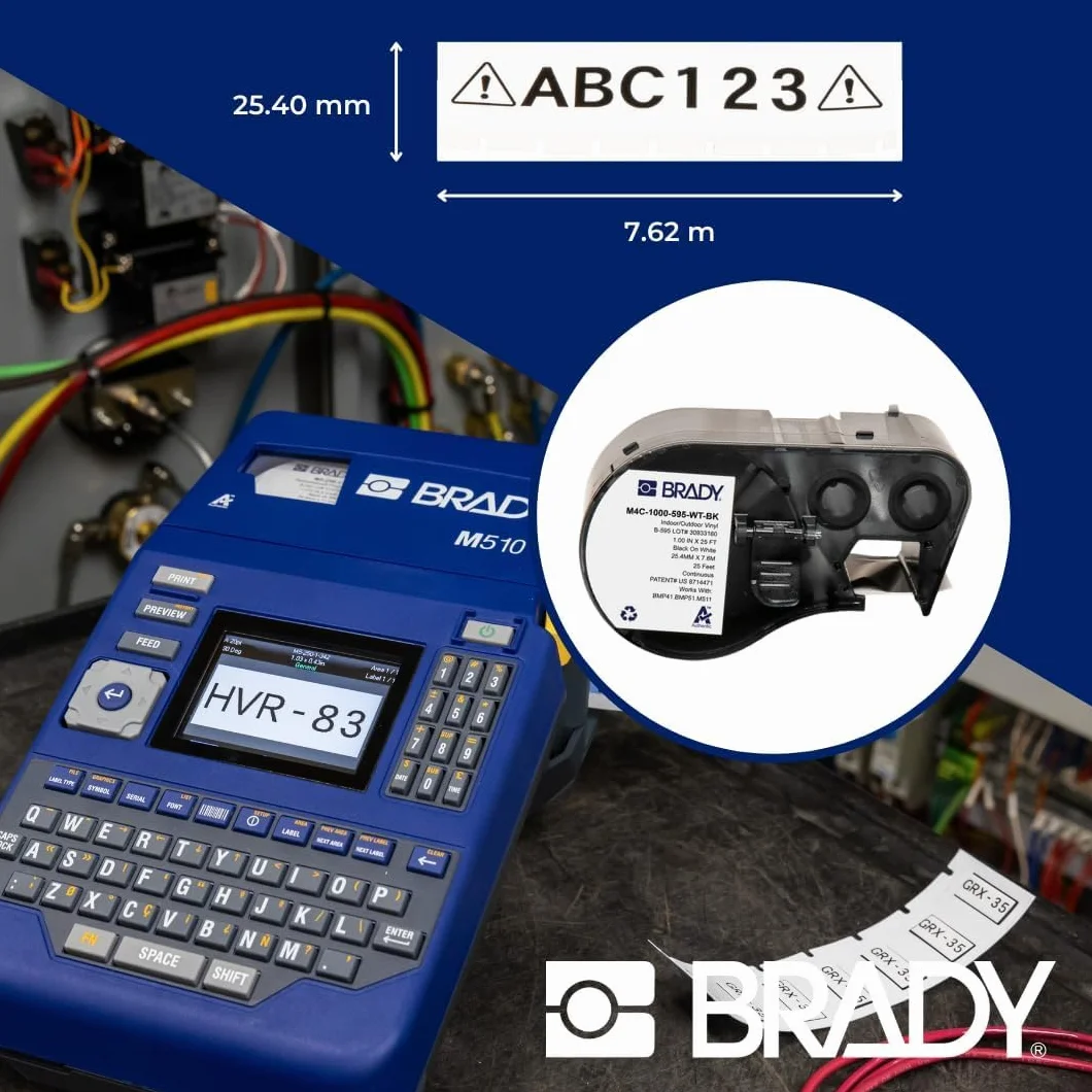 Brady Taśma do Drukarek Etykiet M410, M510, M511 – Samoprzylepne Etykiety Przemysłowe – Czarny na Białym (25,4 mm x 7,62 m) – M4C-1000-595-WT-BK