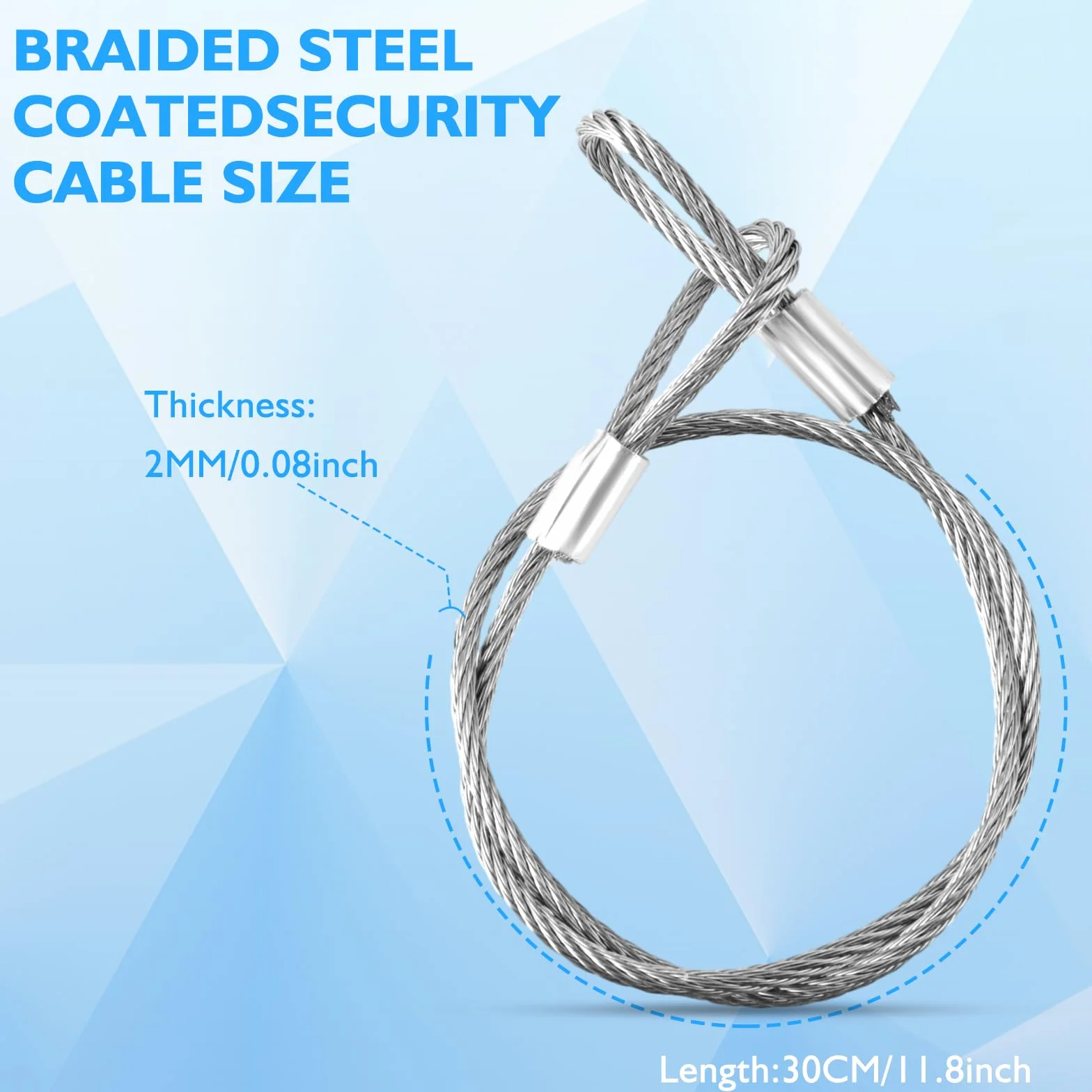 Prasacco 6 sztuk stalowych lin z oczkami, srebrny kabel bezpieczeństwa ze stali nierdzewnej 30 cm x 2 mm linka stalowa do zamków rowerowych, zamków do drzwi, zamka bagażowego