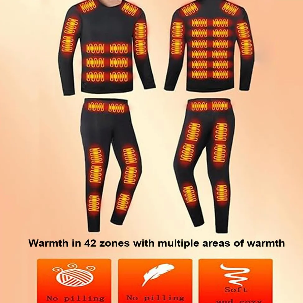 Bielizna termiczna męska podgrzewana z pilotem, podgrzewana warstwa bazowa USB z 3 regulacjami temperatury, 42 strefy podgrzewania góry i dołu,M