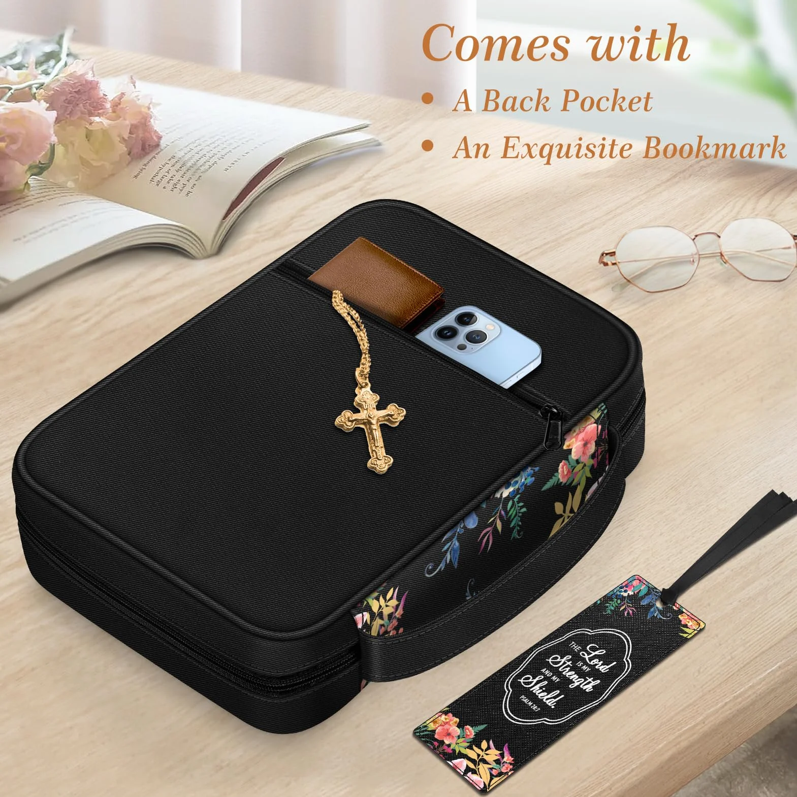 FINPAC Bible Cover, Carrying Book Case Church Bag Bible Protective with Handle and Zippered Pocket, Gift for Mother Lady Women Men, Floral Black