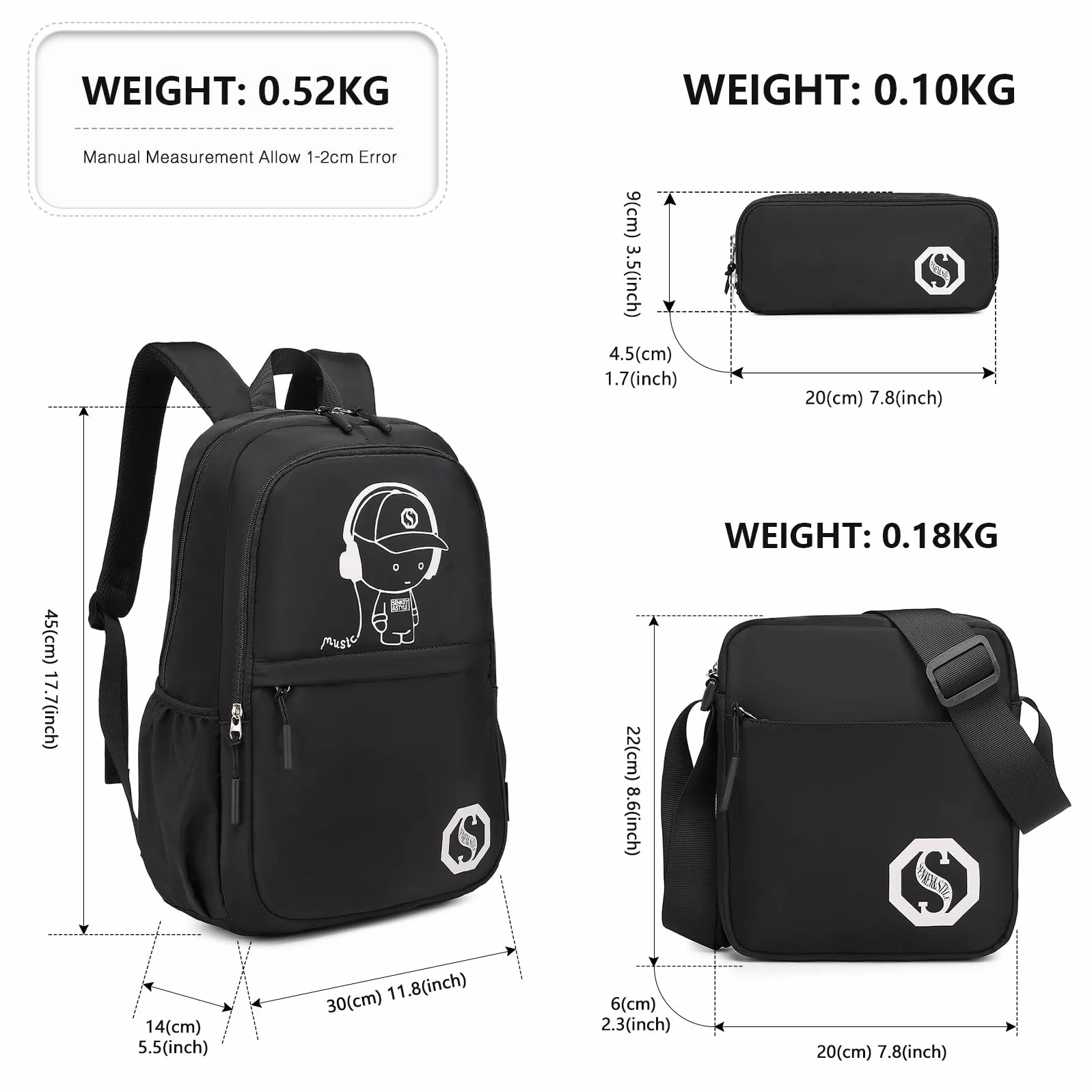 Kono Świecący plecak szkolny zestaw 3 w 1, anime chłopięcy tornister, torba crossbody, piórnik, plecak na laptopa 15,6 cala dla studentów, nastolatków, dziewcząt, Czarny, Chłopięca świecąca torba na