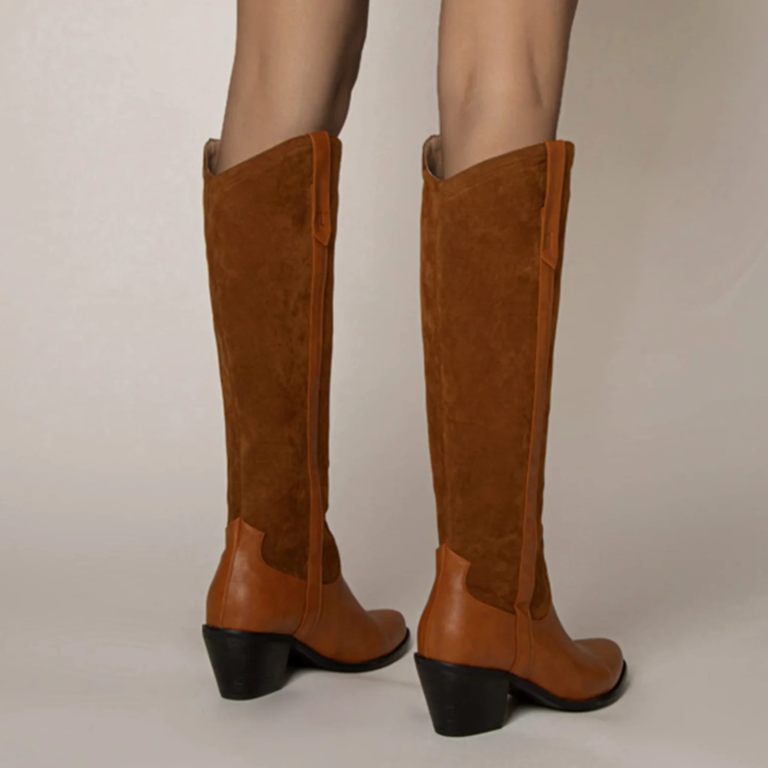CUTEHEELS Damskie buty typu casual Slip-on Western do kolan wysokie buty z chunky obcasem i szpiczastym noskiem, żółty1, 43 EU