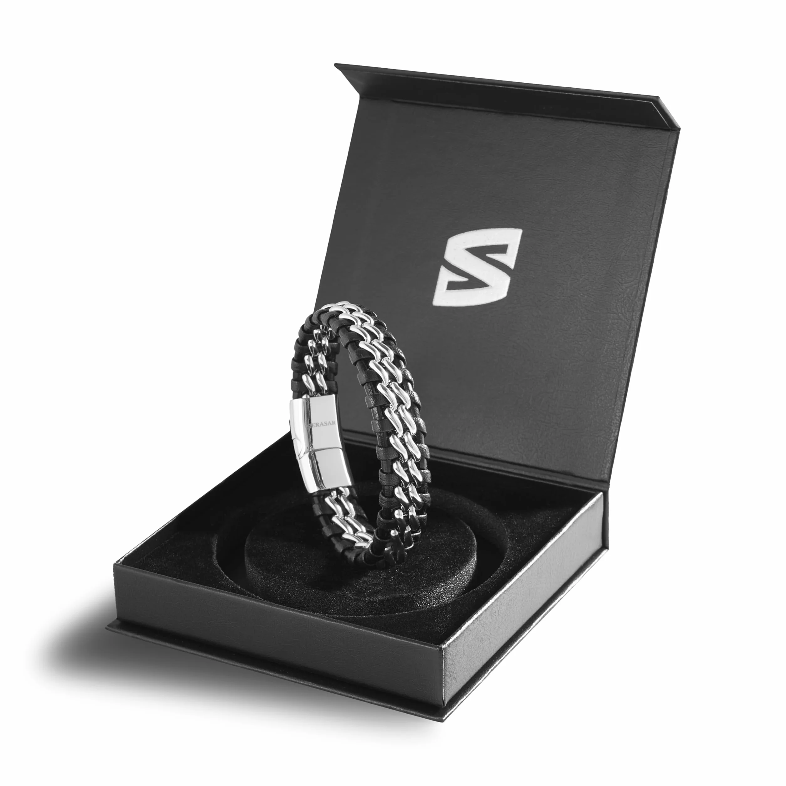 SERASAR | Skórzana Bransoletka Męska [Steel] | Zapięcie Magnetyczne ze Stali Nierdzewnej w Kolorze Czarnym, Srebrnym I Złotym | w Zestawie Pudełko na Biżuterię | Świetny Pomysł na Prezent