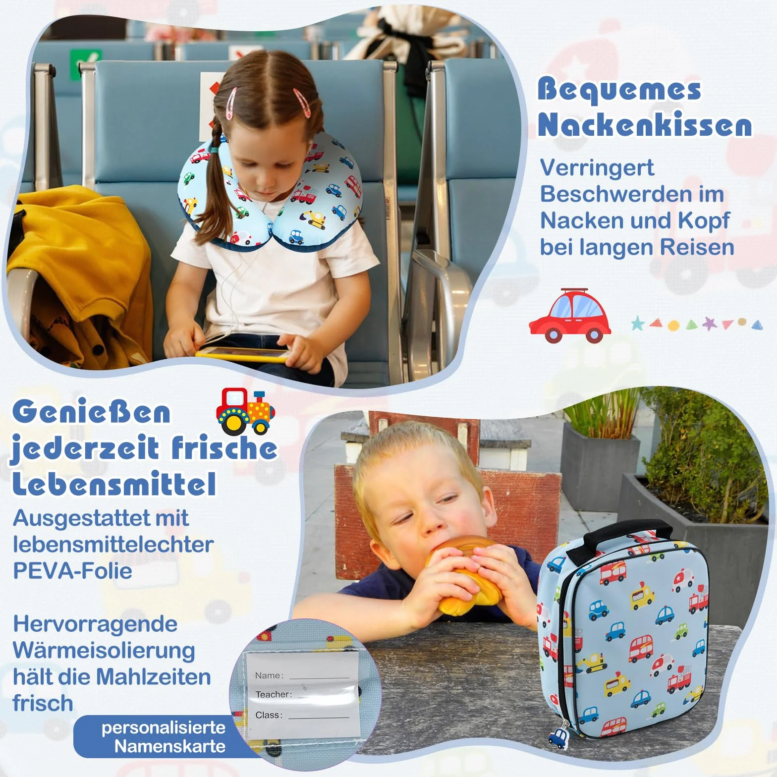 COSTWAY 5-częściowa walizka dziecięca + plecak, wózek dziecięcy z pudełkiem na lunch, zawieszka do bagażu i poduszka na kark, bagaż dziecięcy z kółkami, bagaż podręczny, walizka podróżna z twardą