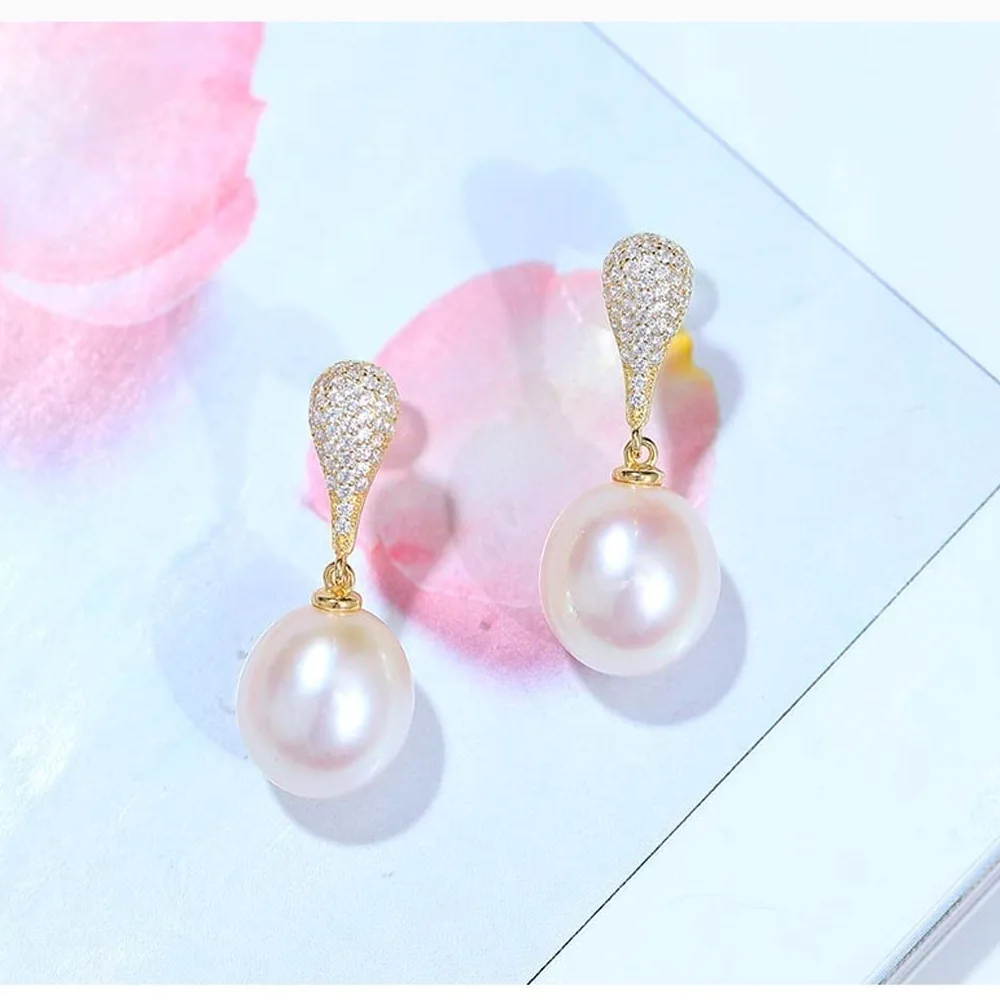 kolczyki Podajnik 925 Sterling Silver Round White Słodkowodne Kultury Cyrkon Kolczyki Dla Kobiet Dangle Stud Pearl Kolczyki kolczyk