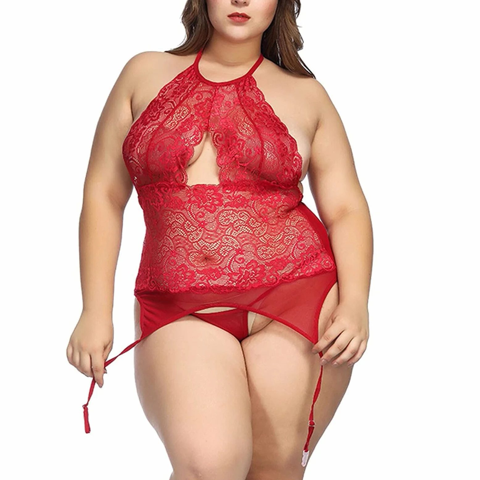 Bielizna damska seksowna bielizna Plus rozmiar damska koronkowa bielizna nocna syjamskie body koszula nocna (kolor:, rozmiar: L) (Rood 4XL)