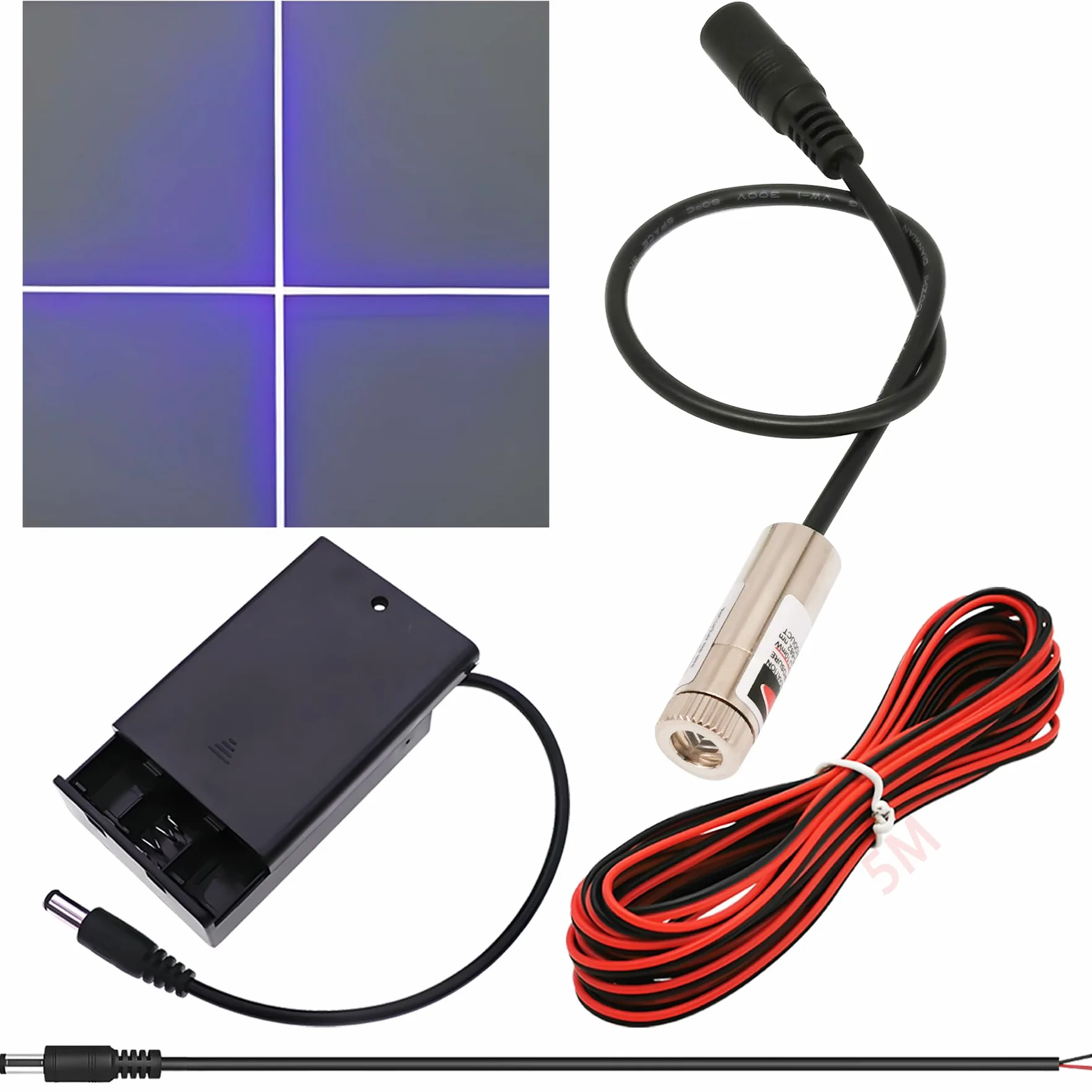 CTRICALVER Kit de módulo láser foco ajustável, Diodo módulo láser industrial 405 nm, 3-5V, Conector DC 2,1 mm + Kit fuente alimentación (Forma luz: Cruz morada)