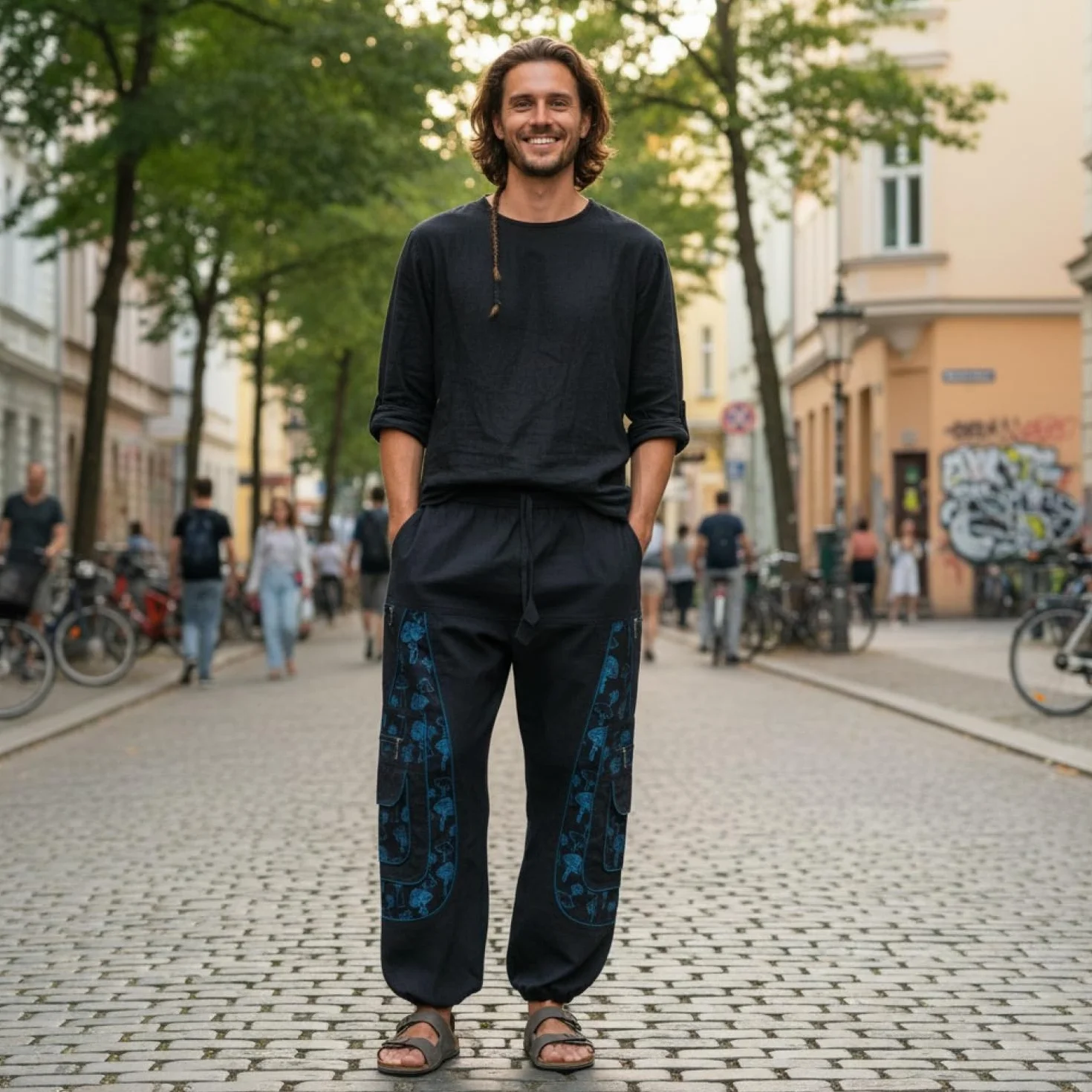 GURU SHOP Goa, męskie spodnie do jogi, wygodne spodnie rekreacyjne z nadrukiem grzybowym, bawełna