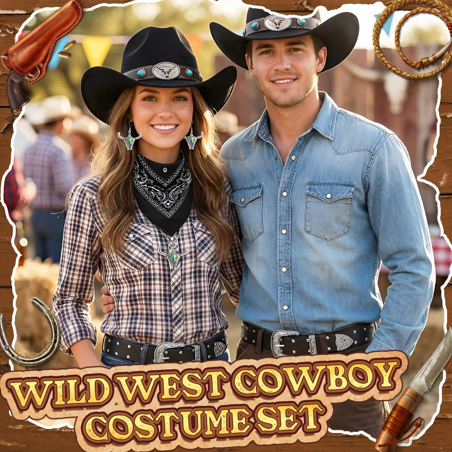 5 szt. turkusowo-brązowy western kowbojski strój damski z kapeluszem + kolczyki + naszyjnik + pasek + bandana dla dorosłych, karnawał, impreza tematyczna, cosplay