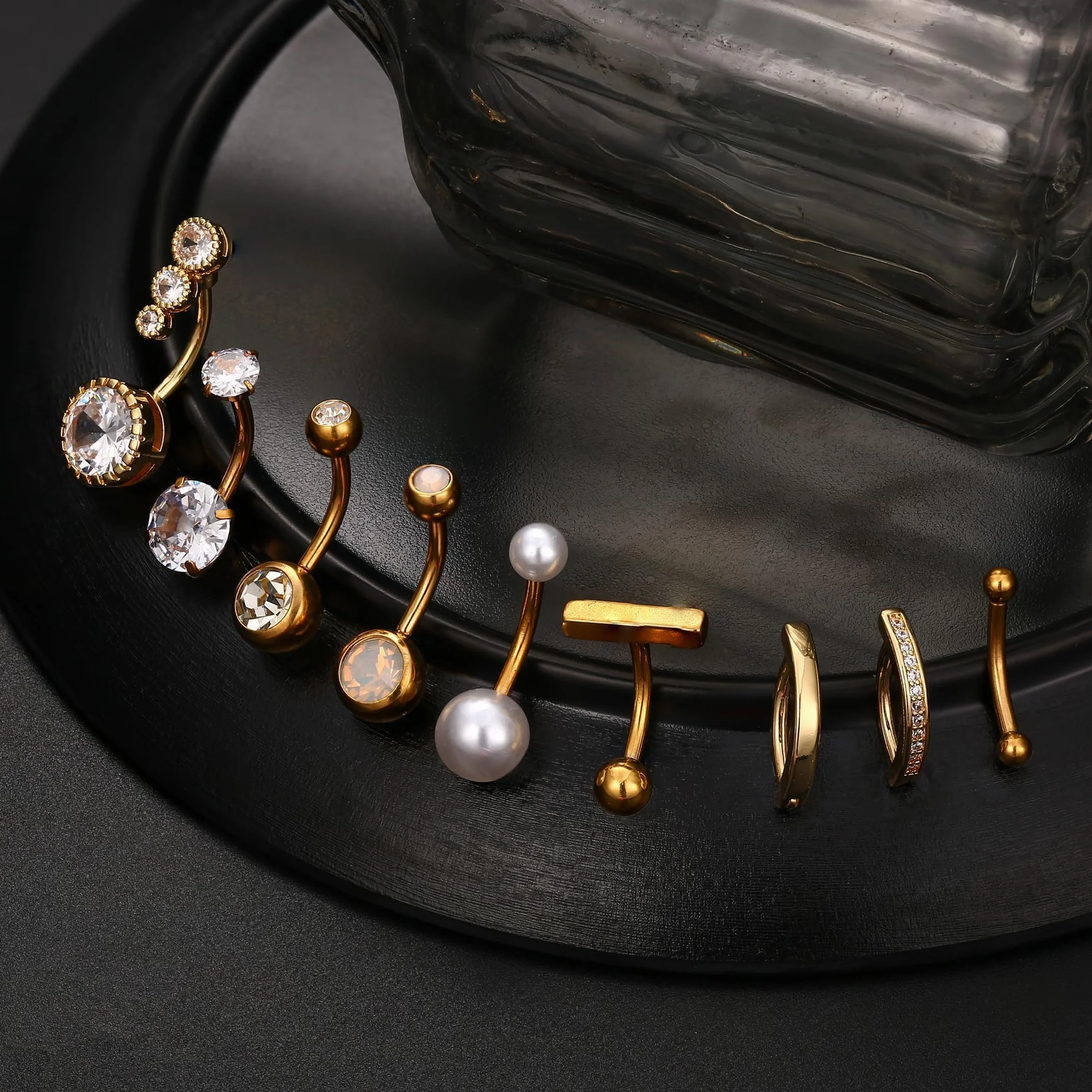 Morfetto 9 sztuk kolczyków do pępka ze stali chirurgicznej, 14G Piercing do pępka dla kobiet, kolczyk do pępka złoty/srebrny, CZ perła Clicker do pępka Piercing 10/12 mm