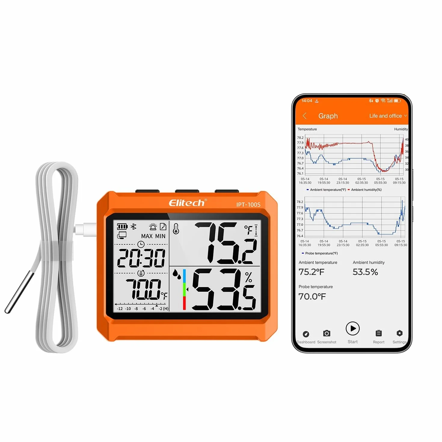 Elitech Cyfrowy termometr higrometrowy Bluetooth, rejestrator wilgotności temperatury PDF i CSV, przechowywanie danych 5000 punktów, IPT-100S z zewnętrzną sondą