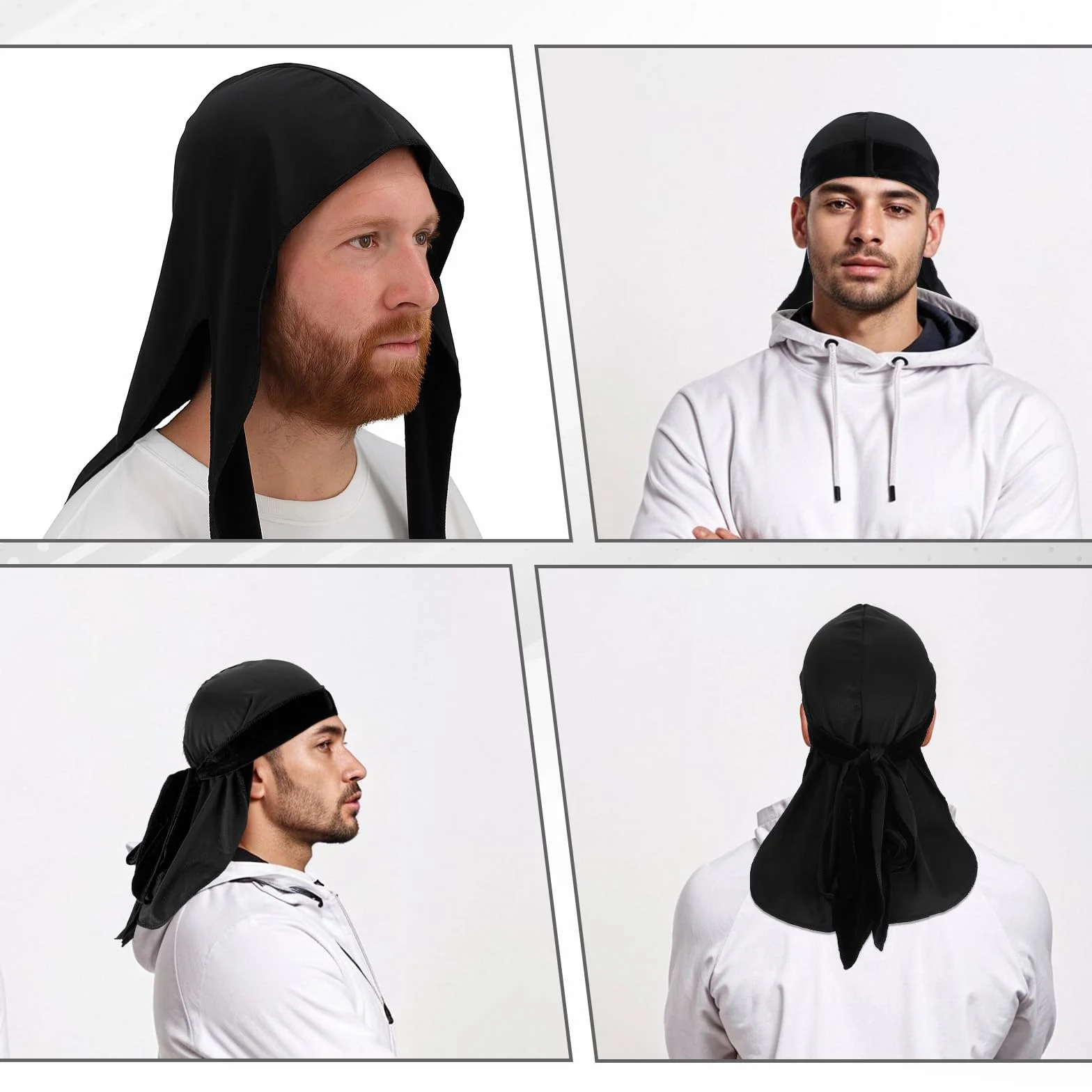 Aksamitny Durag dla mężczyzn z 1 czapką fali, miękka tkanina 360 fal doo, długie, podwójne, szerokie paski, jeden rozmiar pasuje do większości (czarny)