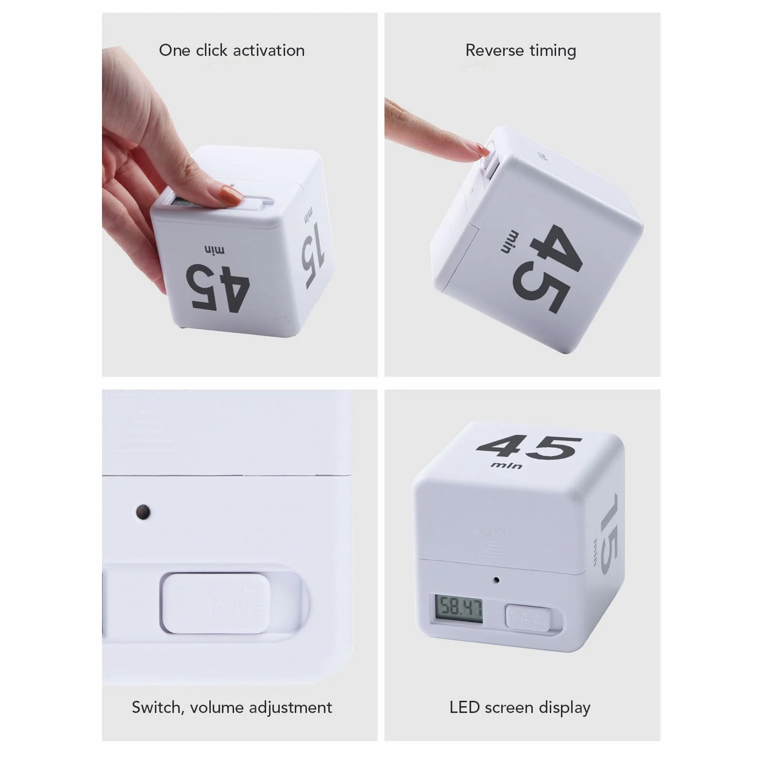 TARSHYRY Minutnik z kostką odliczającą, 5 15 25 45 Minut Wiele ustawień Czasu Kostka z Timerem Stylowy, Nowoczesny Design Minutnik do Nauki Materiał ABS Kostka na Biurko Timery dla