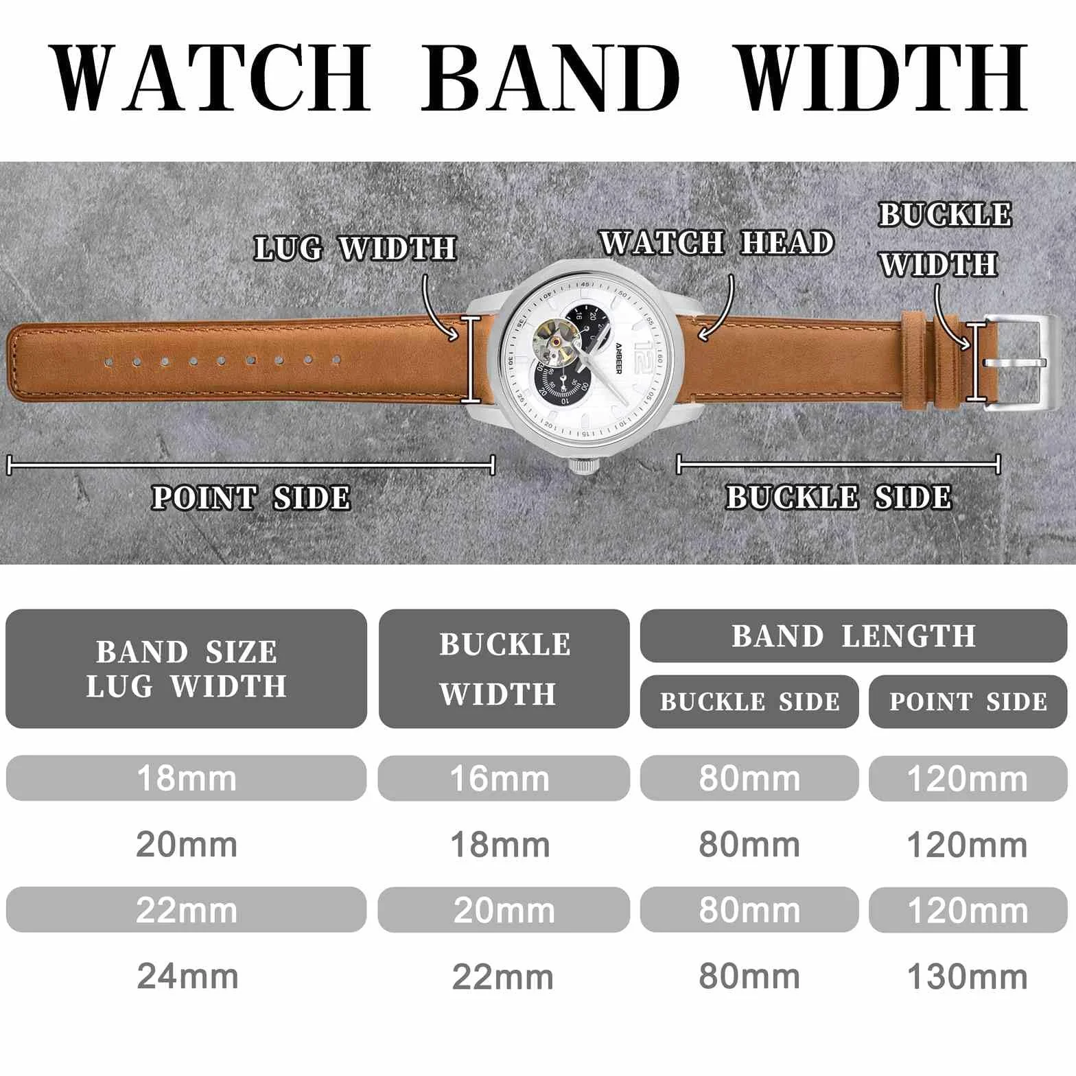 Anbeer Pasek do zegarka z prawdziwej skóry, pasek szybkiego zwalniania z klamrą ze stali nierdzewnej, dostępne rozmiary 18 mm, 20 mm, 22 mm, 24 mm