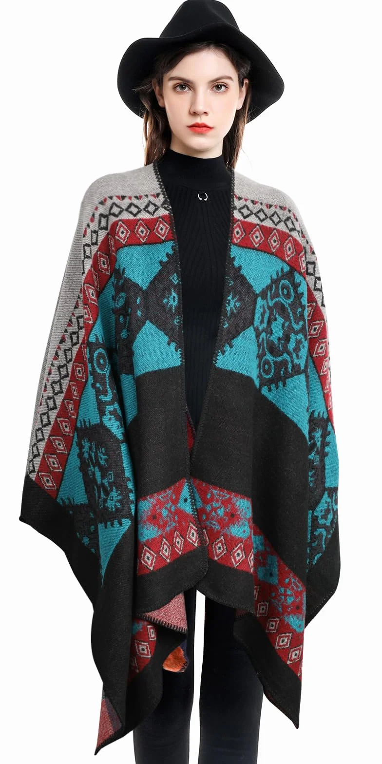 Damskie ponczo oversize 130x160 cm niebieski peleryna zimowy płaszcz