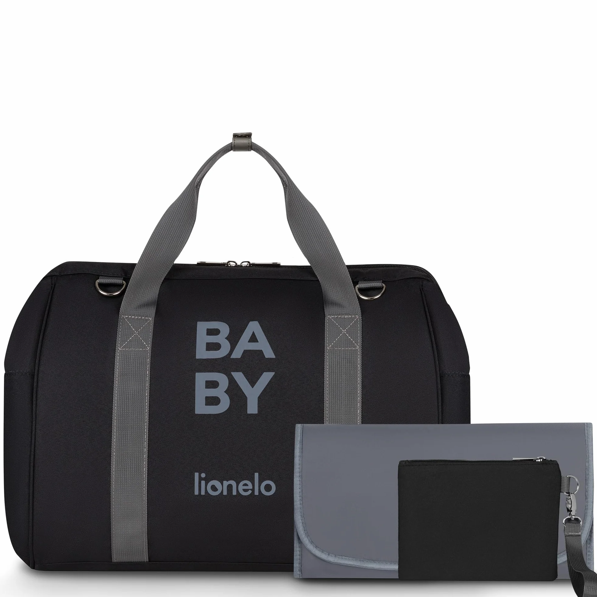 LIONELO Ida torba do wózka Mommy Bag, 7 kieszeni, wytrzymała tkanina, termo-kieszenie na butelki, wzmocnione podłoże, kosmetyczka, mata do przewijania w zestawie, uchwyty na wózek (Szary) (Czarny)