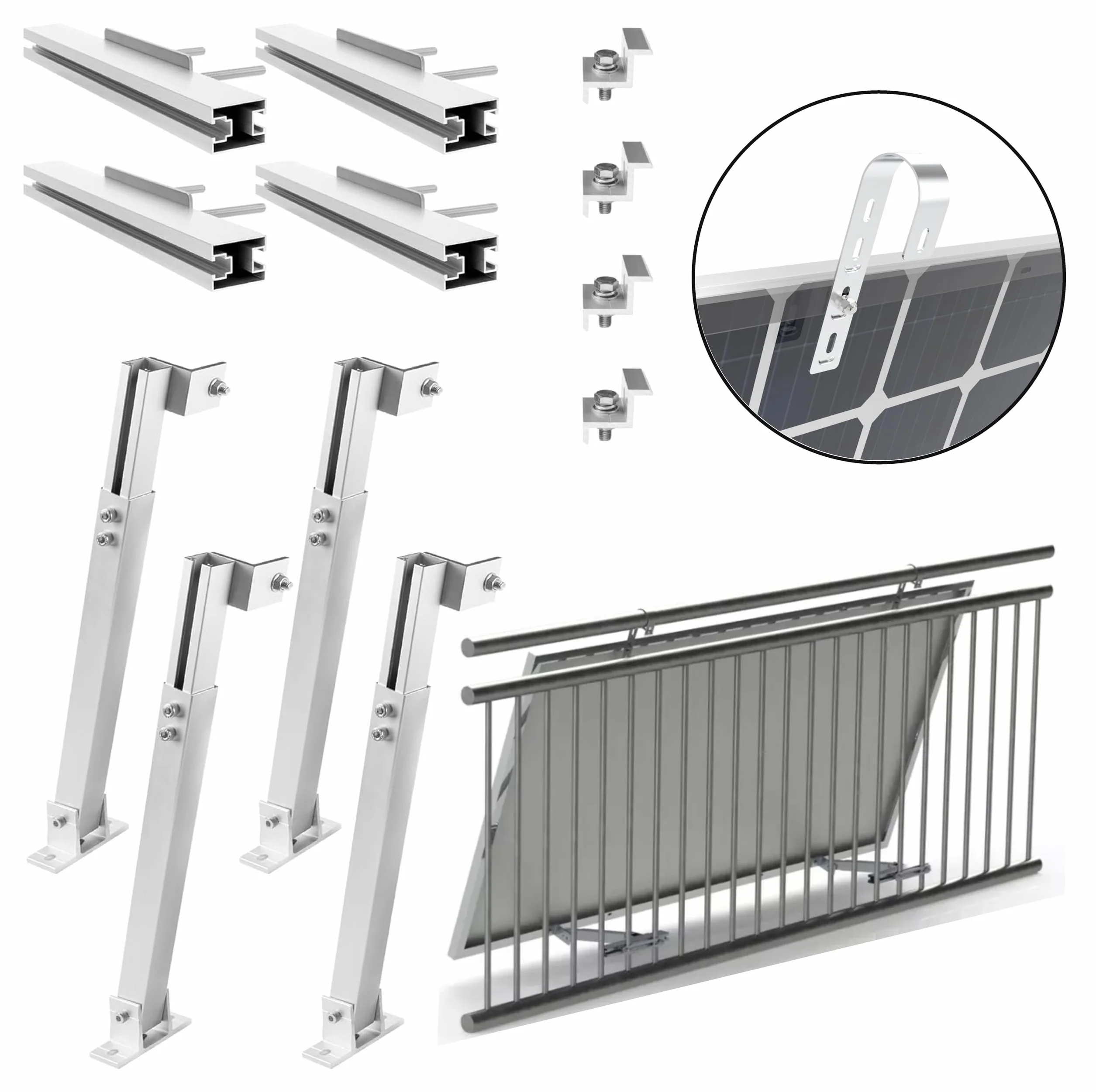 Fotowoltaiczny uchwyt do elektrowni balkonowej, wspornik modułu solarnego, mocowanie do balustrady balkonowej 10-30° średnicy do 80 mm, srebrny (zestaw 2 paneli na okrągłe balustrady