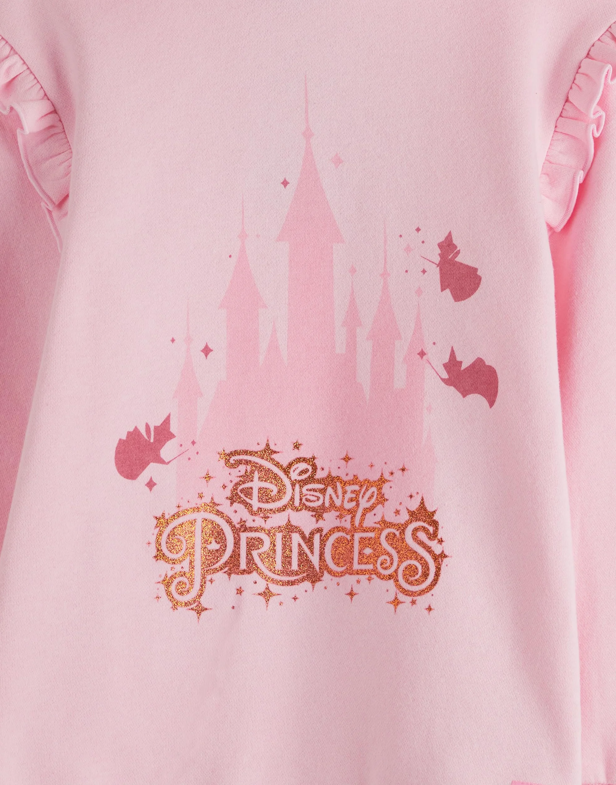 Disney Księżniczka różowa bluza z kapturem z koroną 3D, marszczony brzeg, złoty brokat